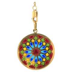 18 Karat Gelbgold Vintage Französische Buntglas-Plique A Jour Emaille-Anhänger