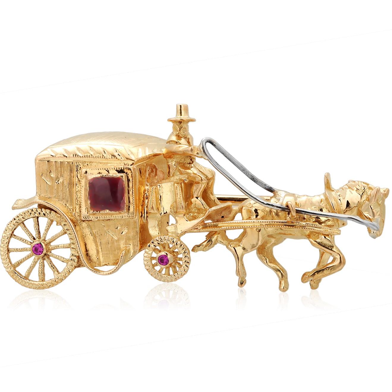 Rétro Broche en or jaune 18 carats, sertie de pierres précieuses, cheval et calèche en vente