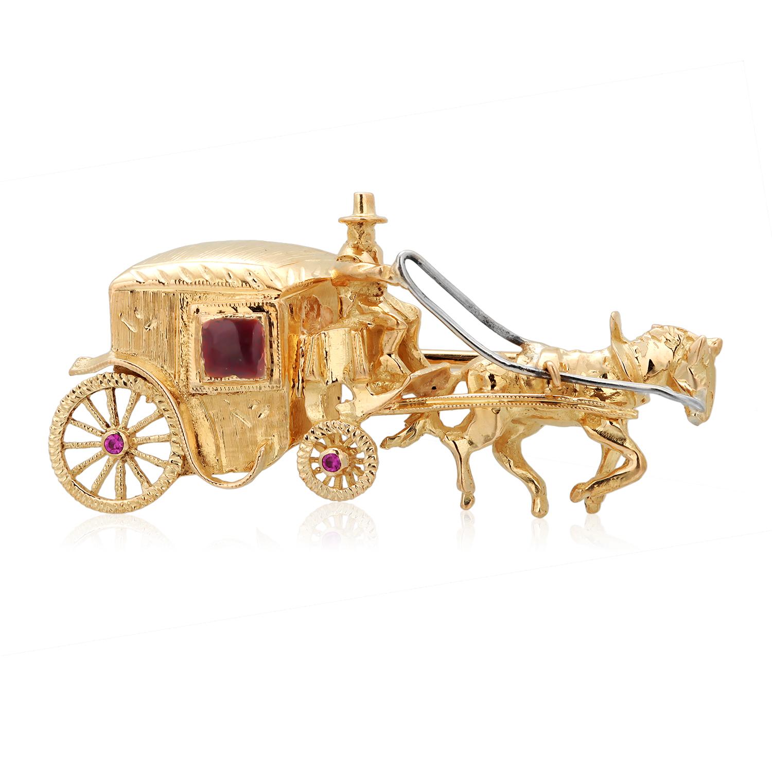 18 Karat Yellow Gold Vintage Gem Set ‘Horse and Carriage’ Brooch In Fair Condition For Sale In New York, NY