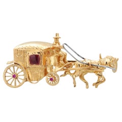 18 Karat Yellow Gold Vintage Gem Set ‘Horse and Carriage’ Brooch
