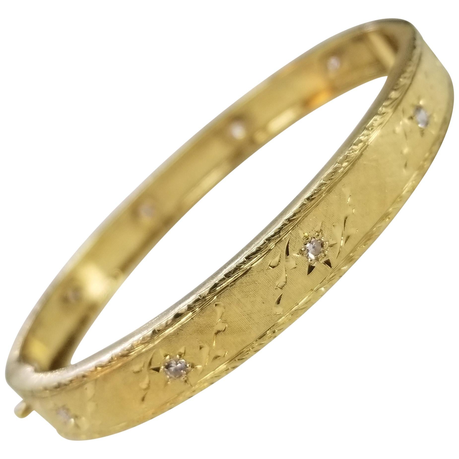 18 Karat Yellow Gold Vintage "Hand Engraved" Diamond Bracelet