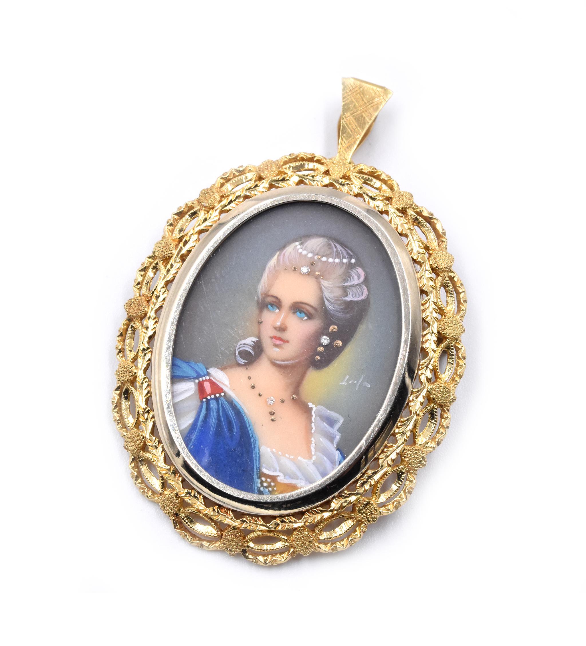 18 Karat Yellow Gold Vintage Hand Painted Pin/Pendant Designer Custom Material In Excellent Condition In Scottsdale, AZ