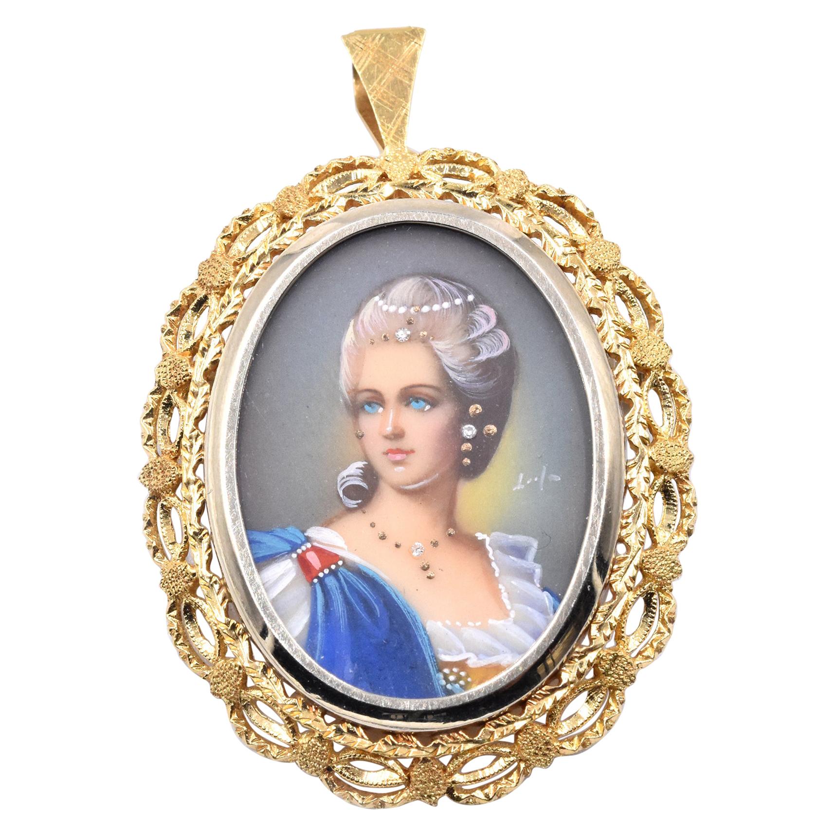 18 Karat Yellow Gold Vintage Hand Painted Pin/Pendant Designer Custom