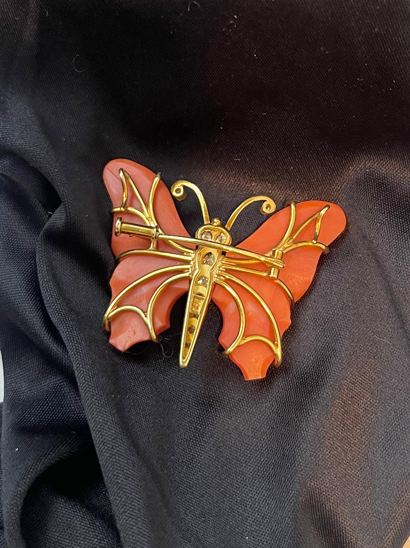 18 Karat Yellow Gold Vintage Mediterranean Coral Butterfly Brooch For Sale 6