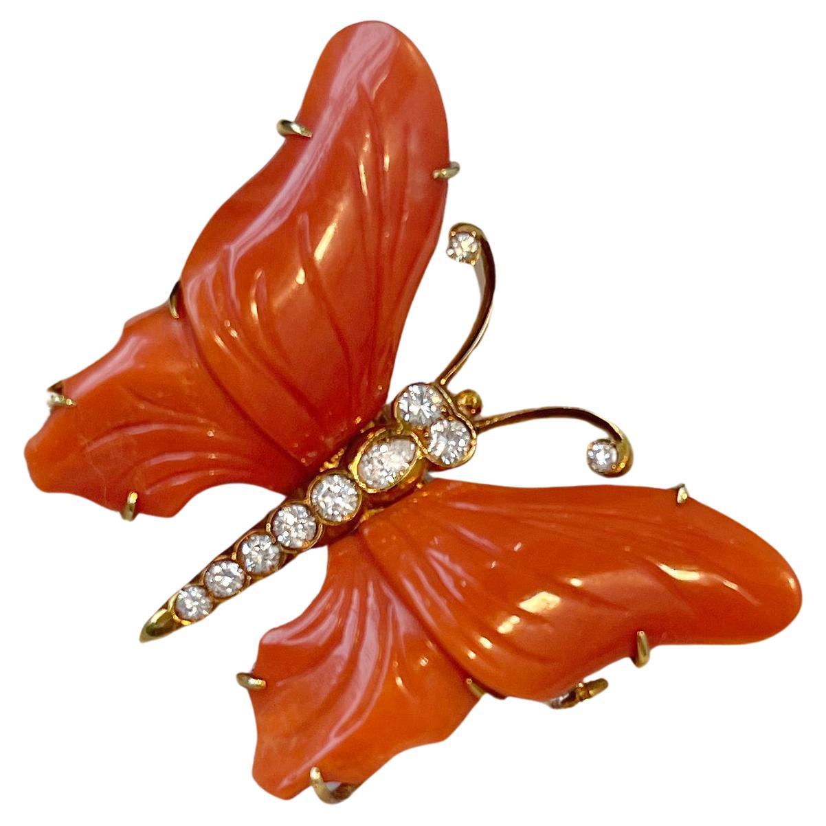 18 Karat Yellow Gold Vintage Mediterranean Coral Butterfly Brooch For Sale
