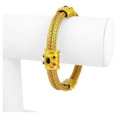 18 Karat Yellow Gold Vintage Multi Gemstone Wheat Link Bracelet 