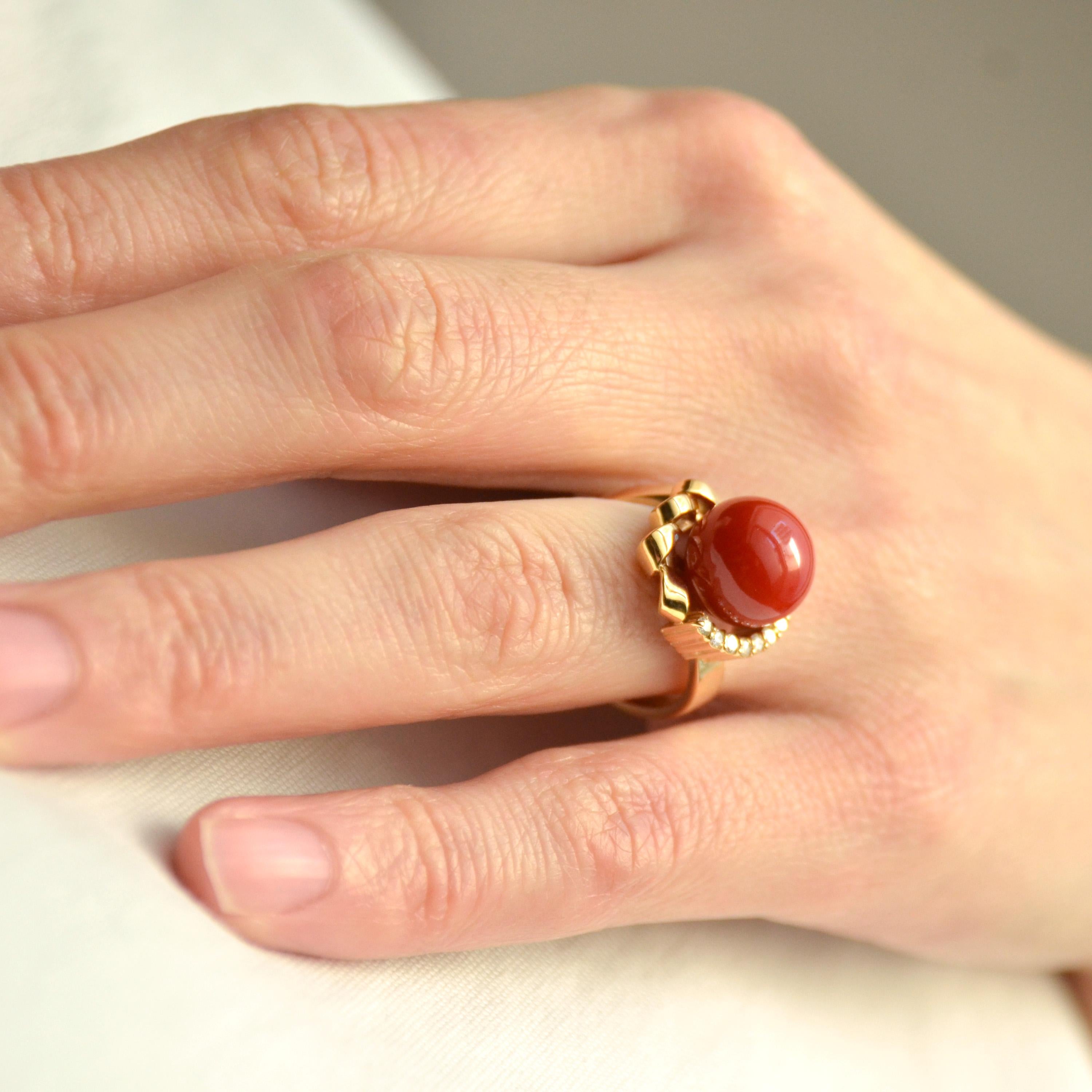 18 Karat Yellow Gold Vintage Oxblood Coral Ring with Diamonds 10
