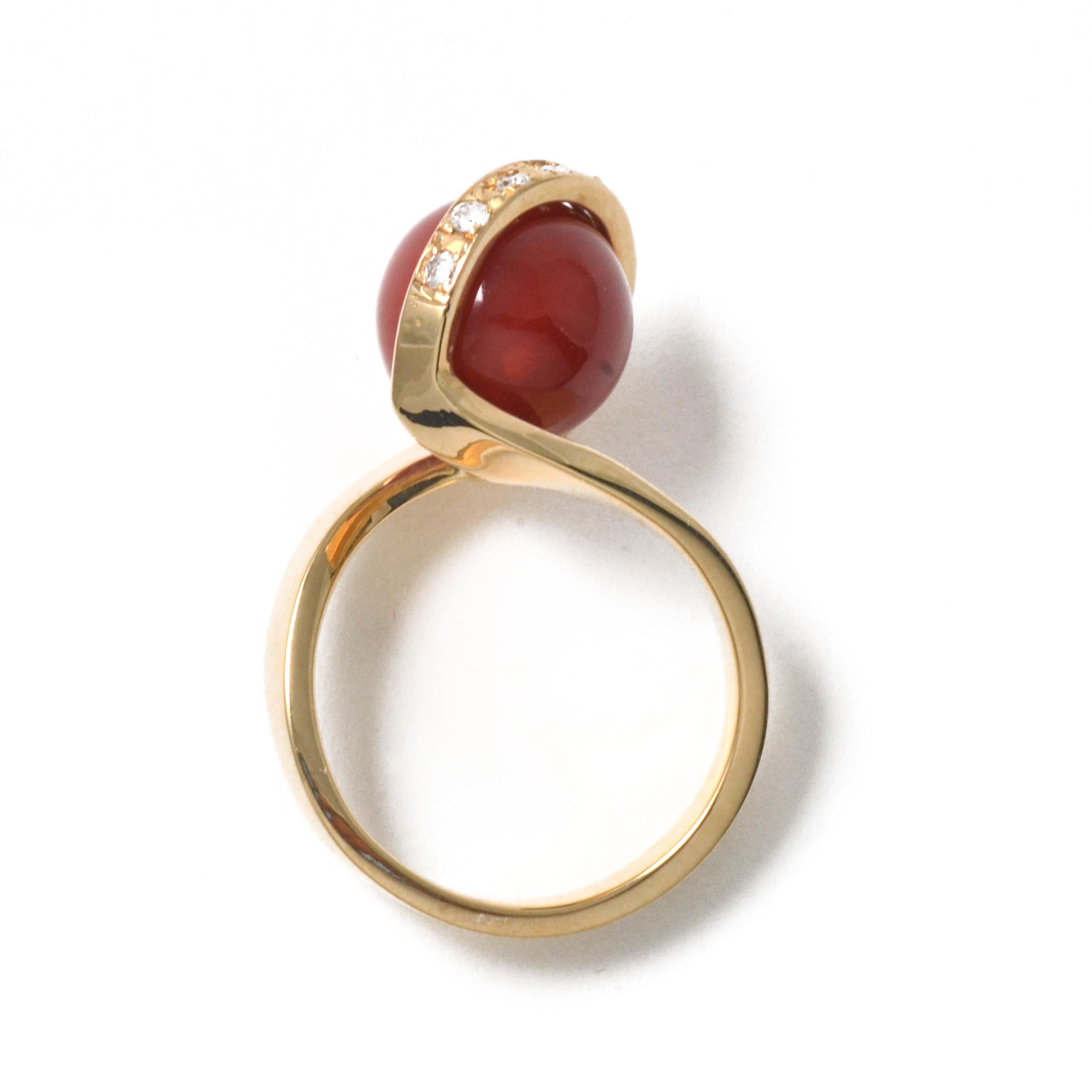 Round Cut 18 Karat Yellow Gold Vintage Oxblood Coral Ring with Diamonds For Sale