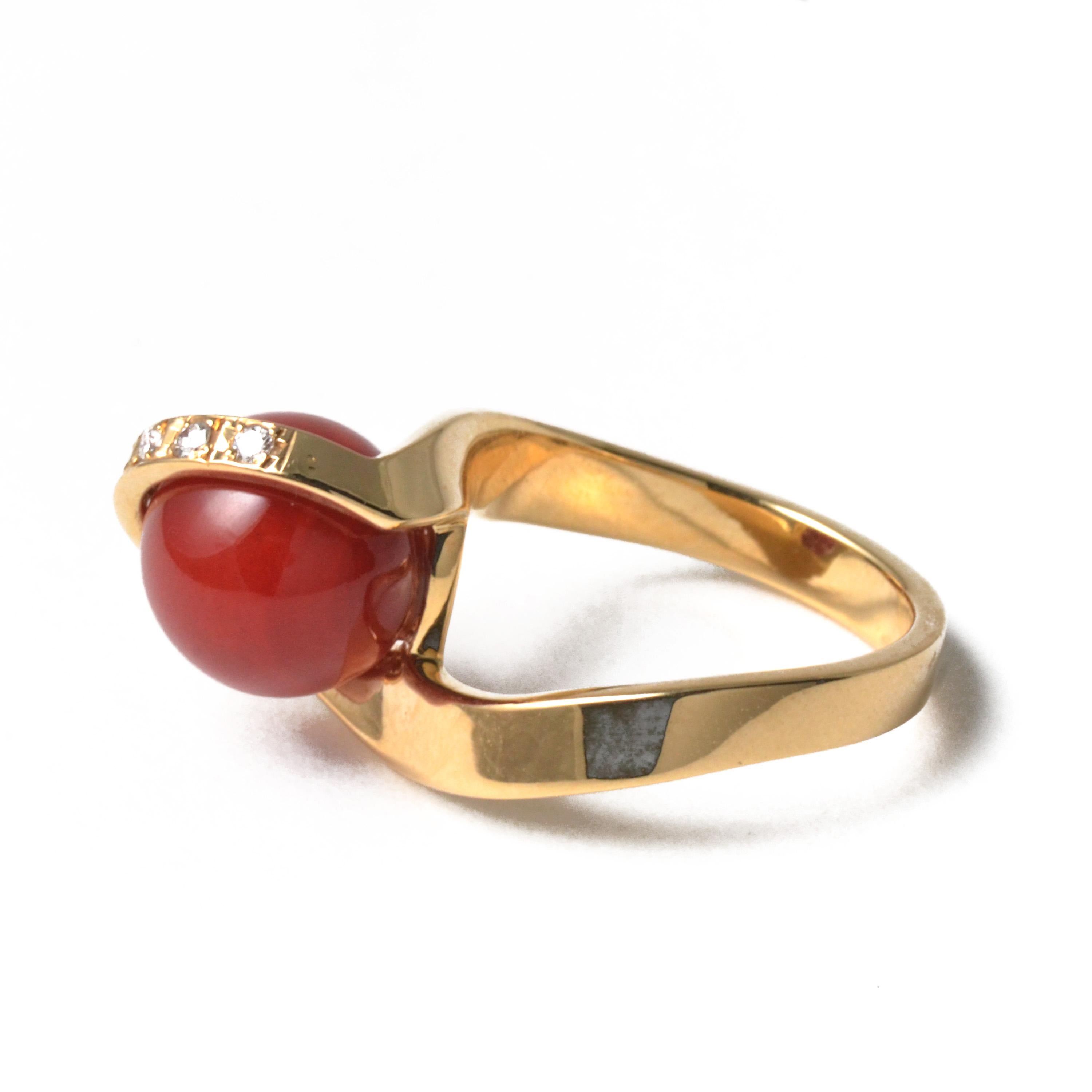 Women's 18 Karat Yellow Gold Vintage Oxblood Coral Ring with Diamonds For Sale