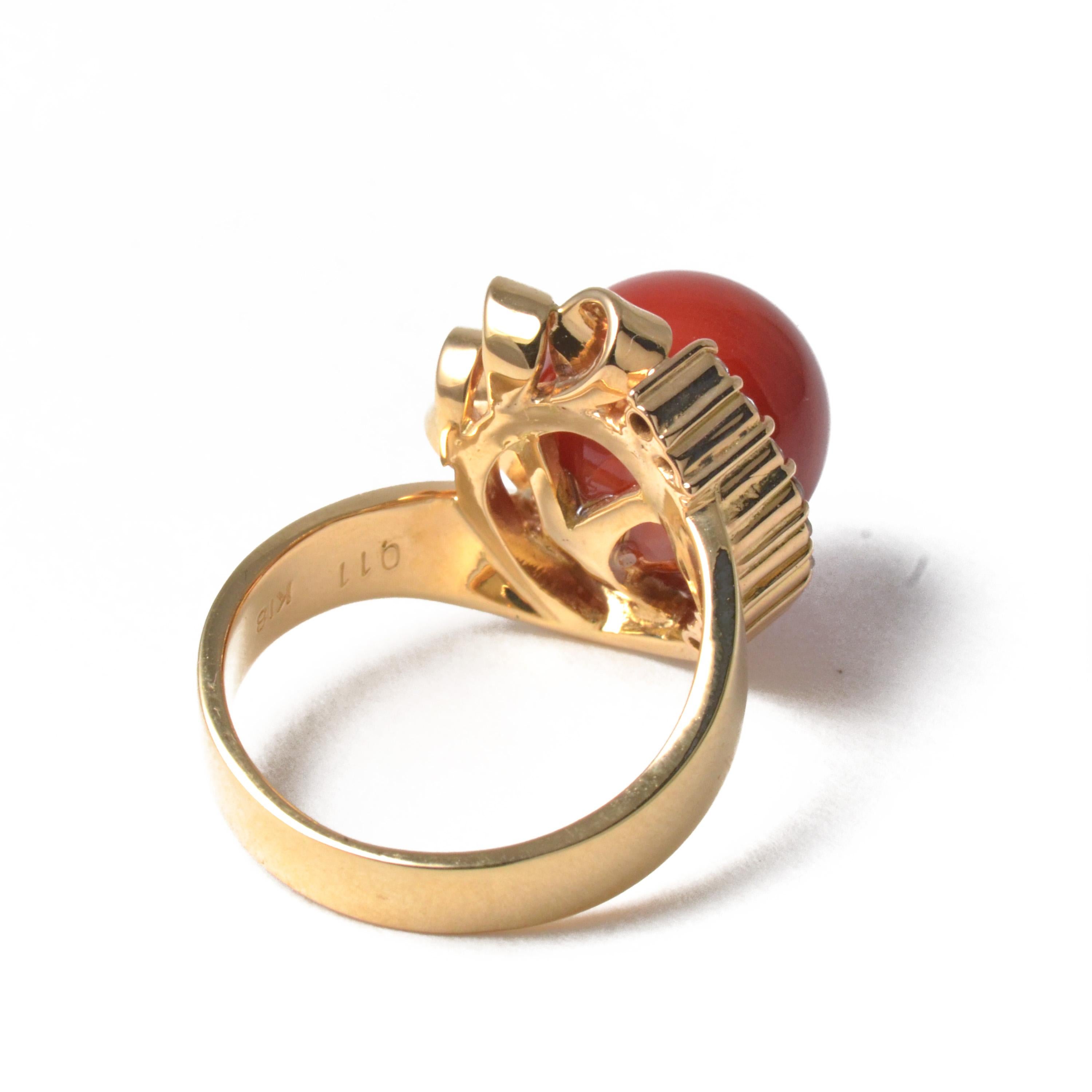 18 Karat Yellow Gold Vintage Oxblood Coral Ring with Diamonds 3