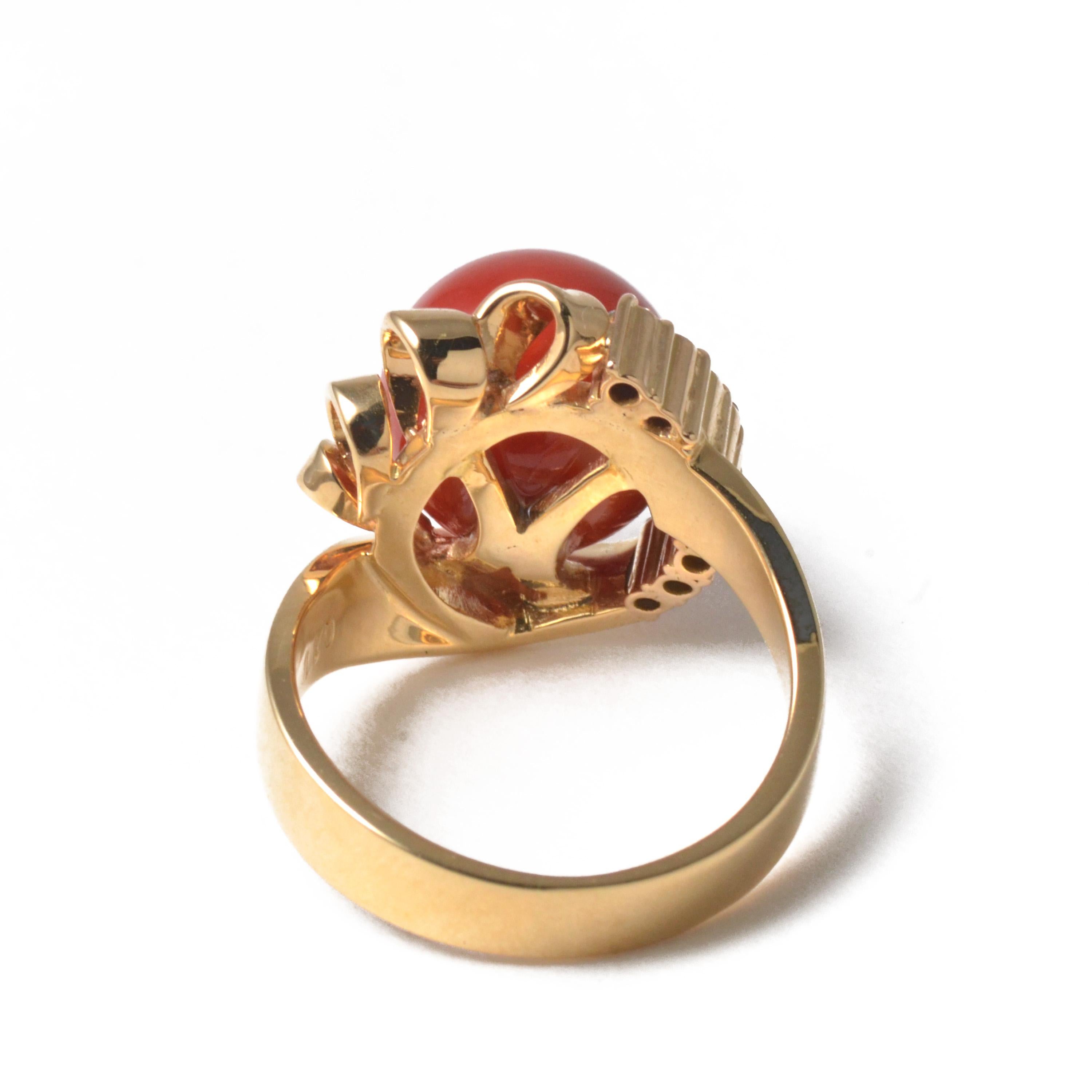 18 Karat Yellow Gold Vintage Oxblood Coral Ring with Diamonds 4
