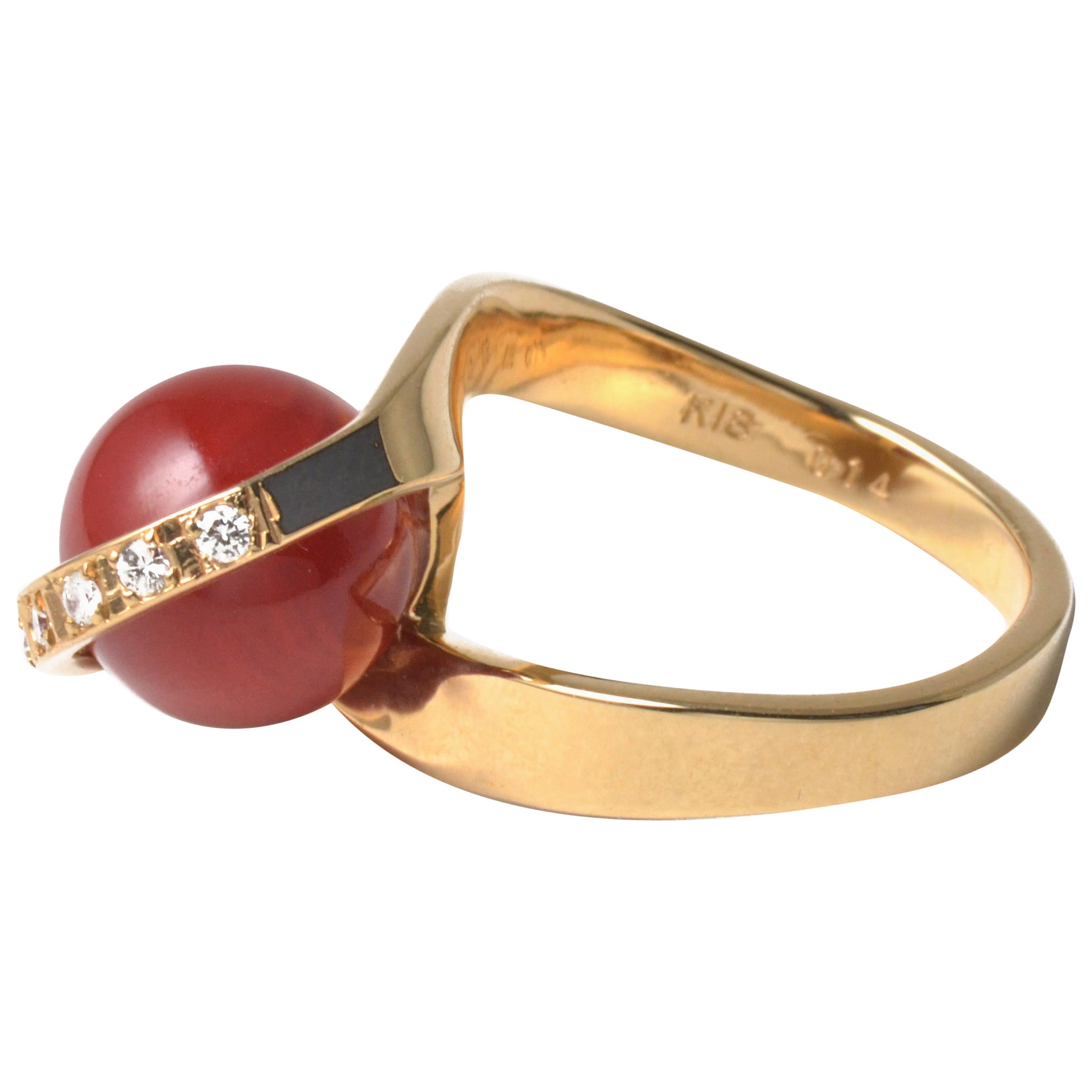 18 Karat Yellow Gold Vintage Oxblood Coral Ring with Diamonds For Sale