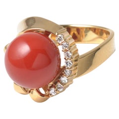 18 Karat Yellow Gold Vintage Oxblood Coral Ring with Diamonds