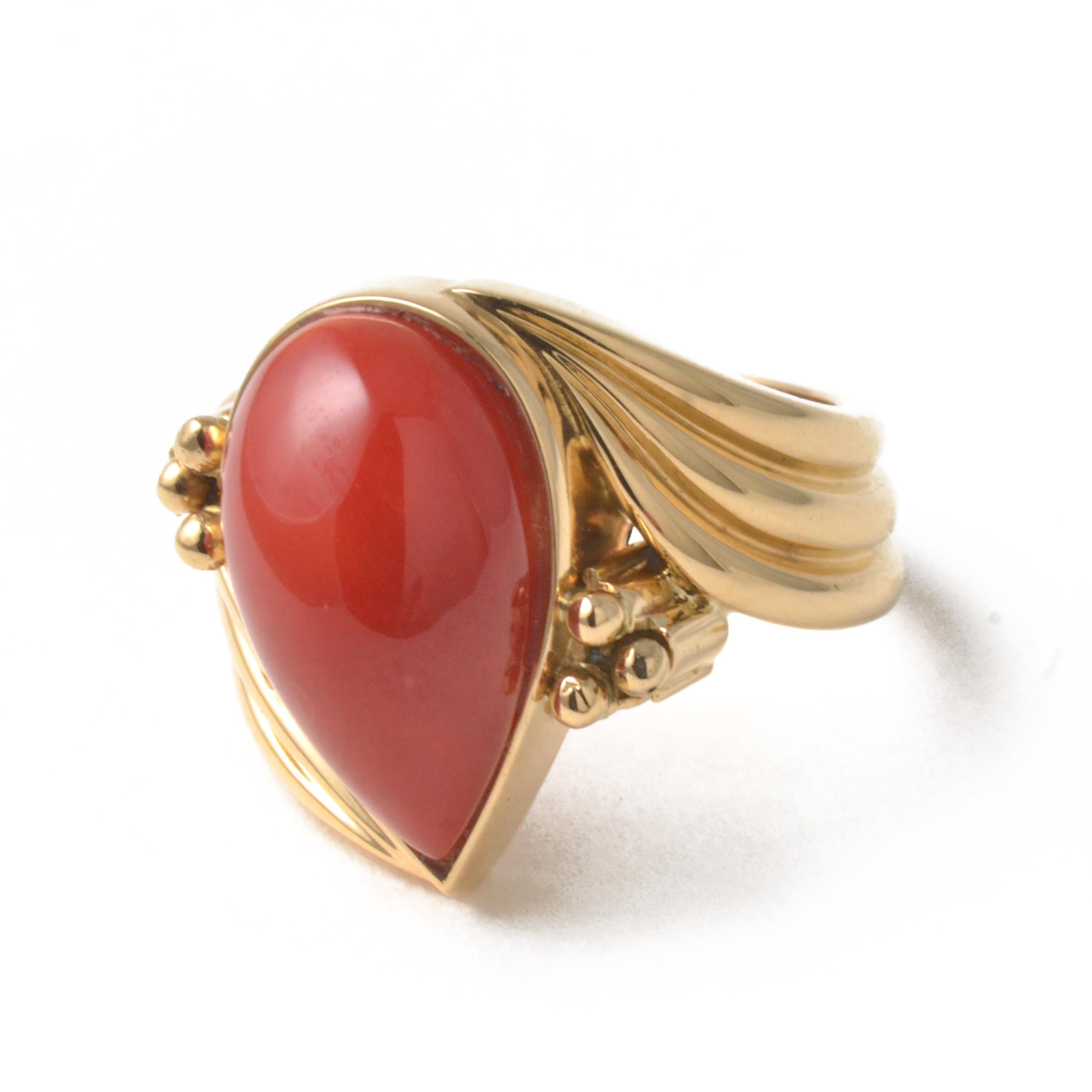 Pear Cut 18 Karat Yellow Gold Vintage Pear Shape Oxblood Coral Ring For Sale