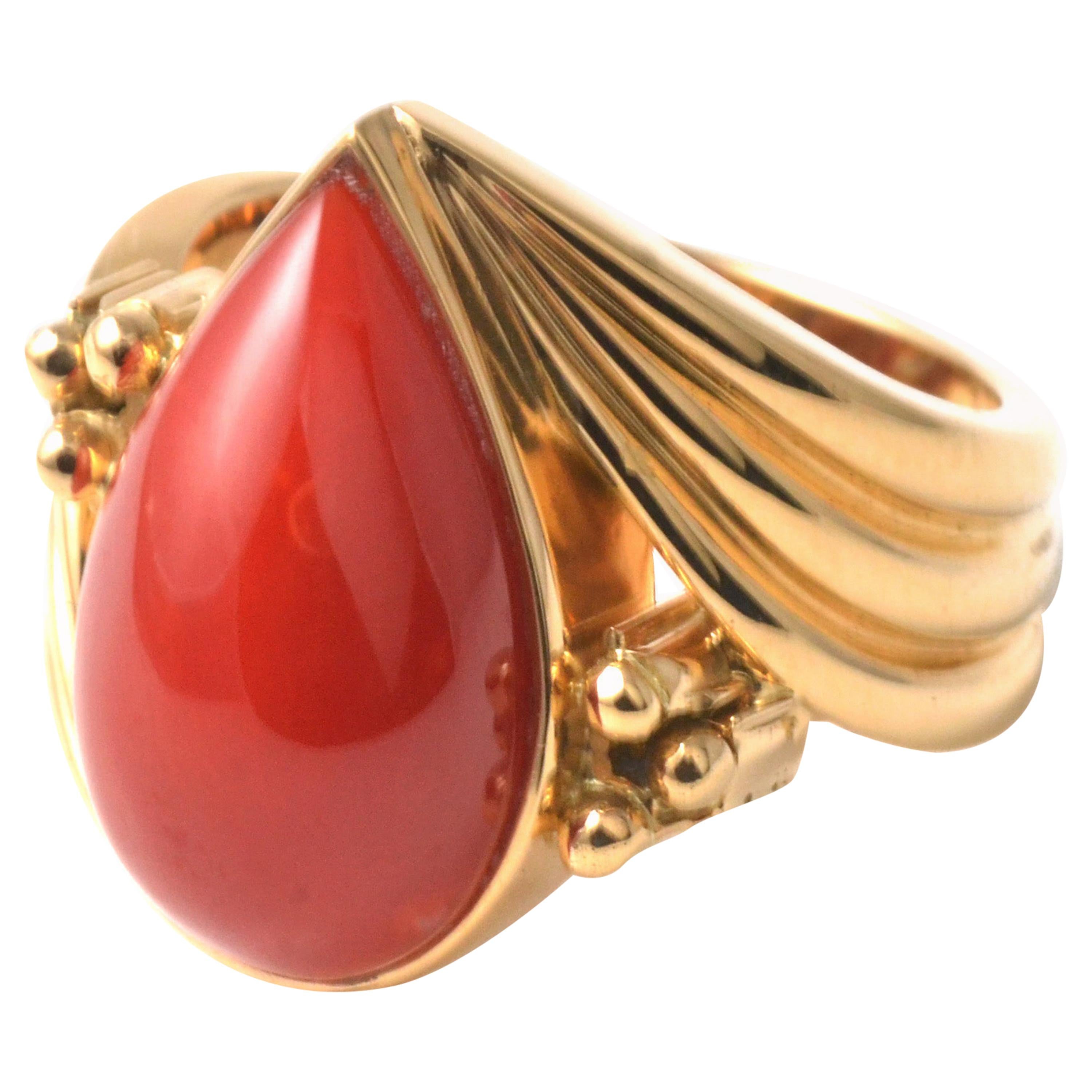 18 Karat Yellow Gold Vintage Pear Shape Oxblood Coral Ring For Sale