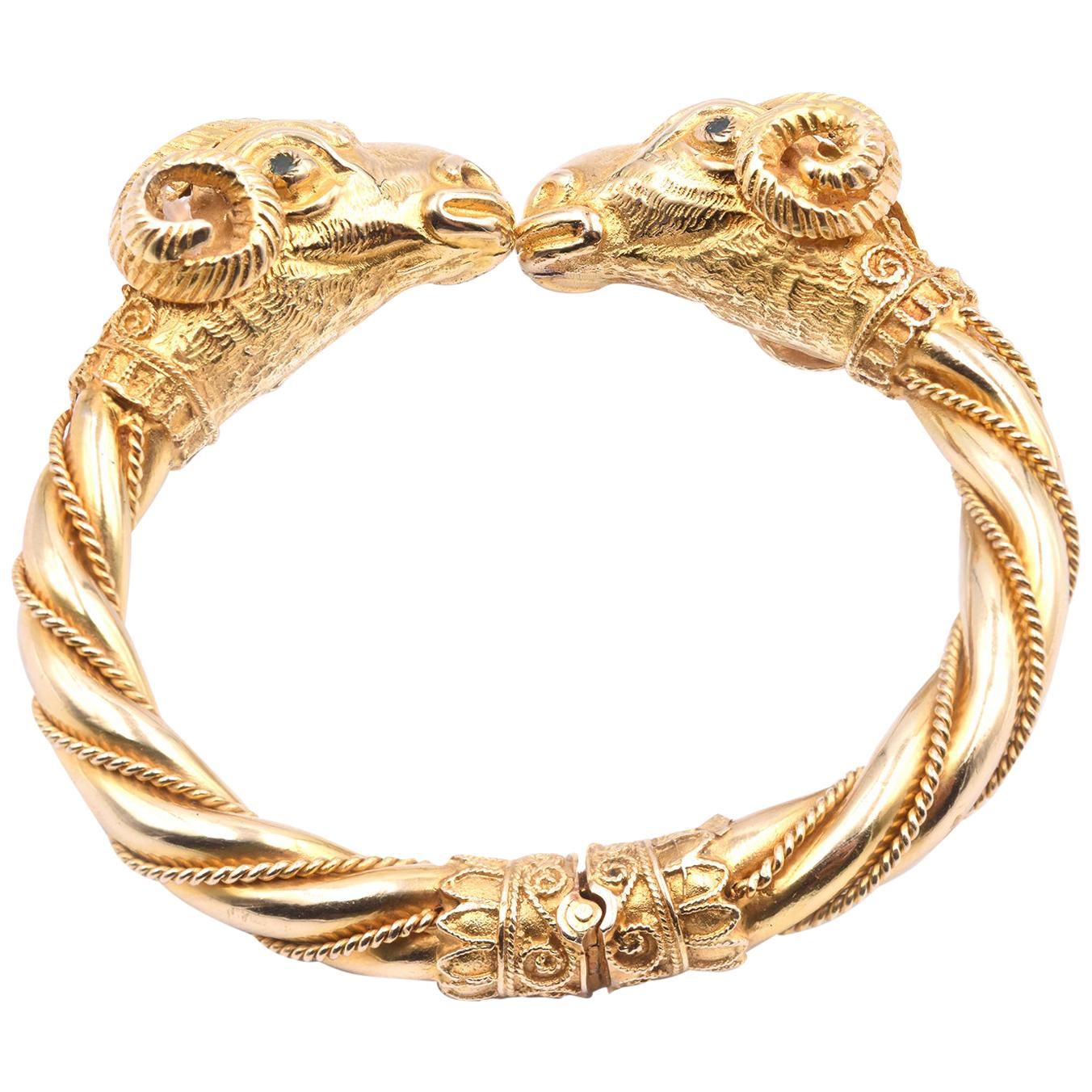 18 Karat Yellow Gold Vintage Ram Bangle Bracelet