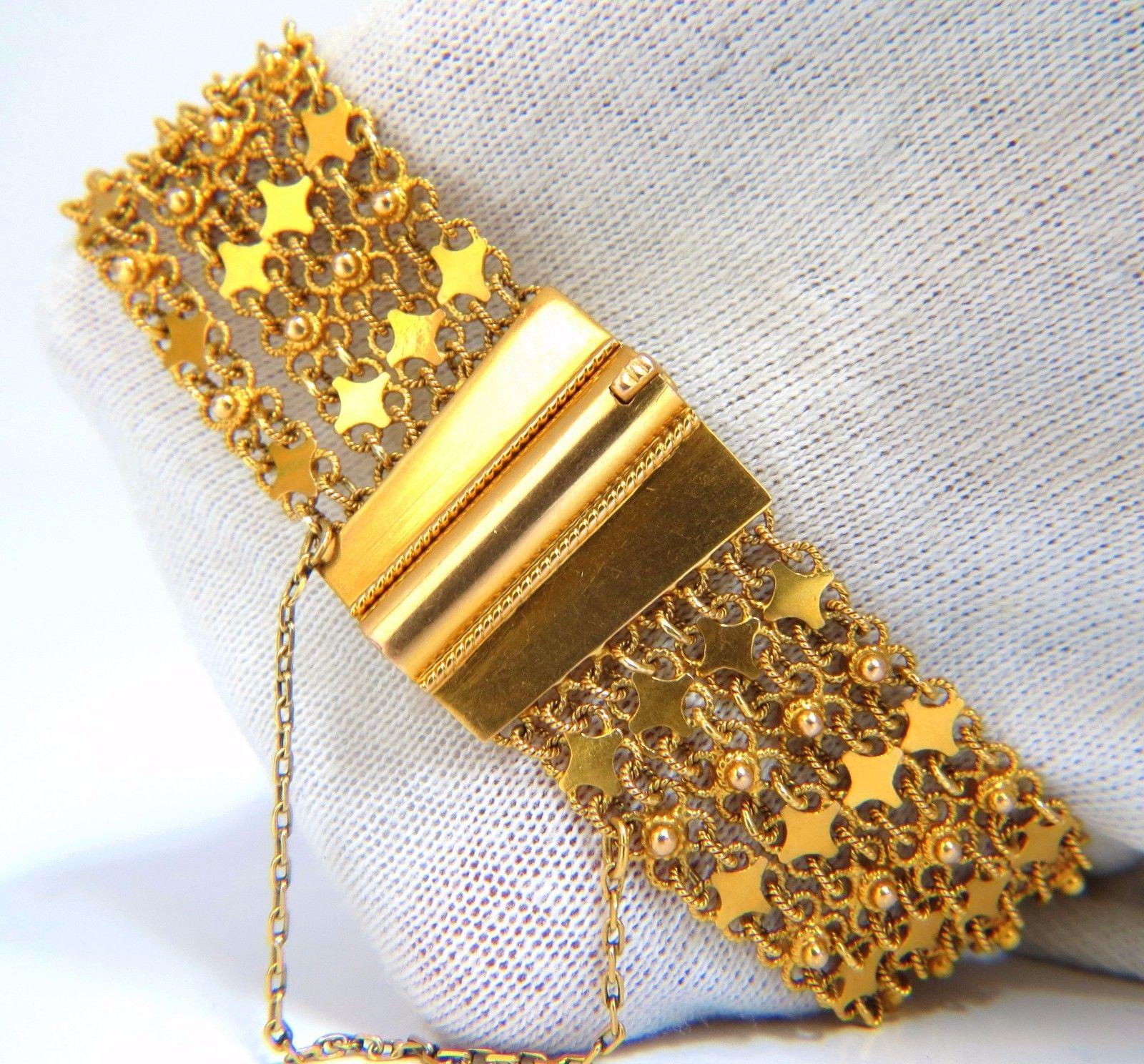 18 Karat Yellow Gold Vintage Wide Caliber Bracelet Mesh Hinged Linked Beads 7.50 In New Condition For Sale In New York, NY