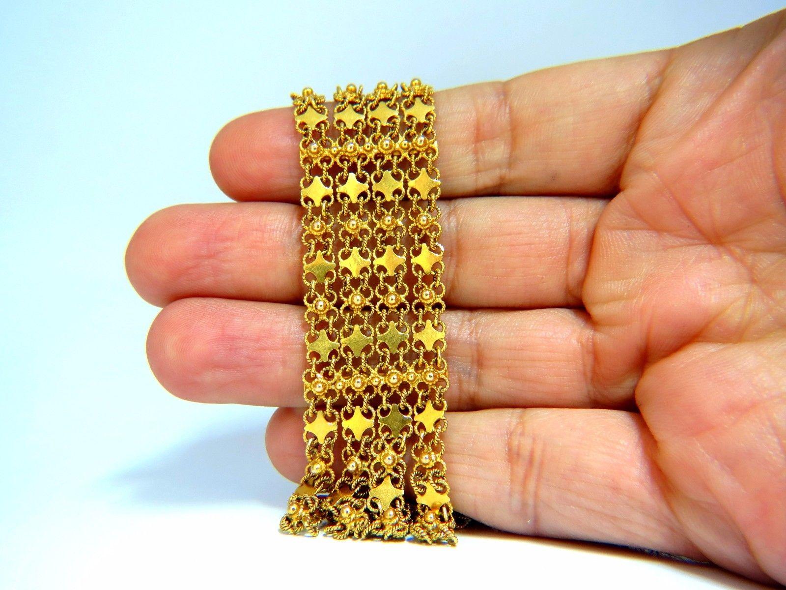 Women's or Men's 18 Karat Yellow Gold Vintage Wide Caliber Bracelet Mesh Hinged Linked Beads 7.50 For Sale