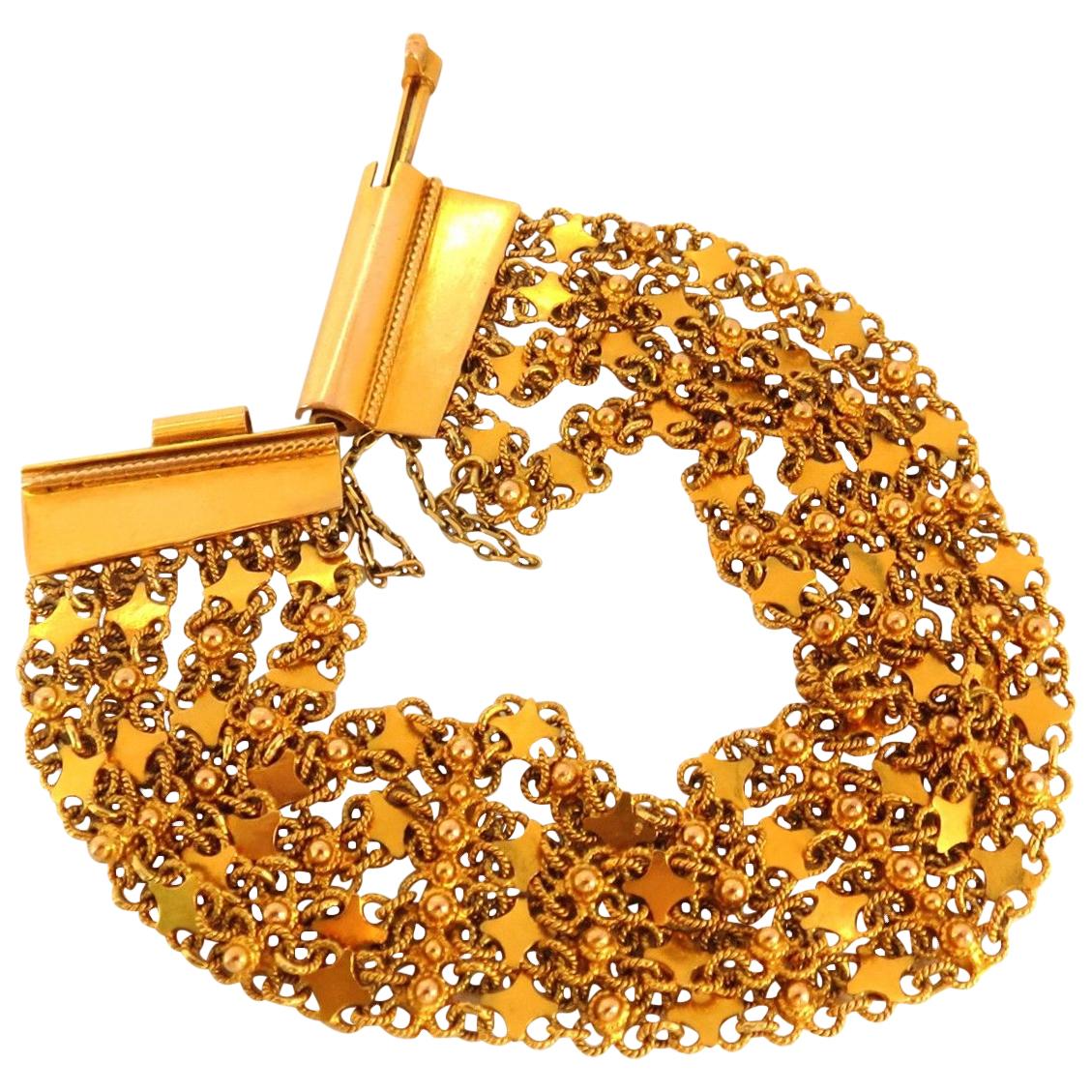 18 Karat Yellow Gold Vintage Wide Caliber Bracelet Mesh Hinged Linked Beads 7.50 For Sale