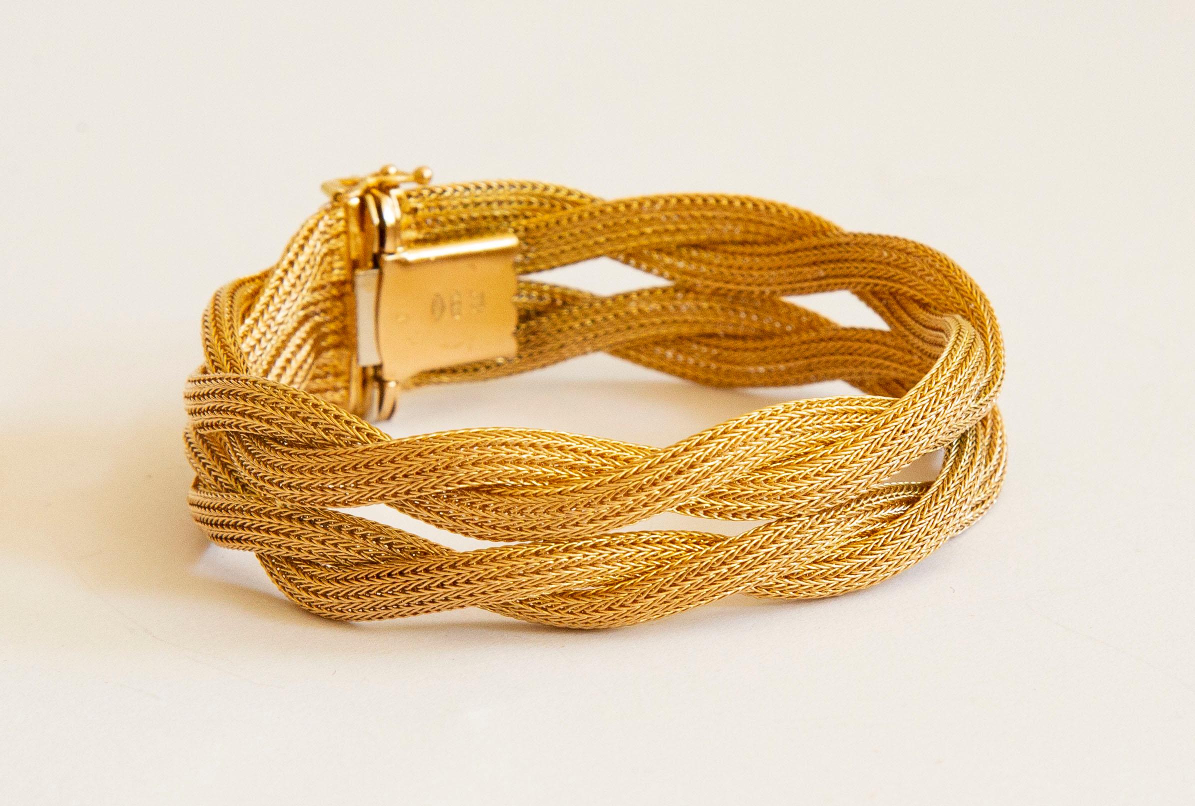 Retro 18 Karat Yellow Gold Vinted Two Row Braided Mesh Milanese Bracelet  For Sale