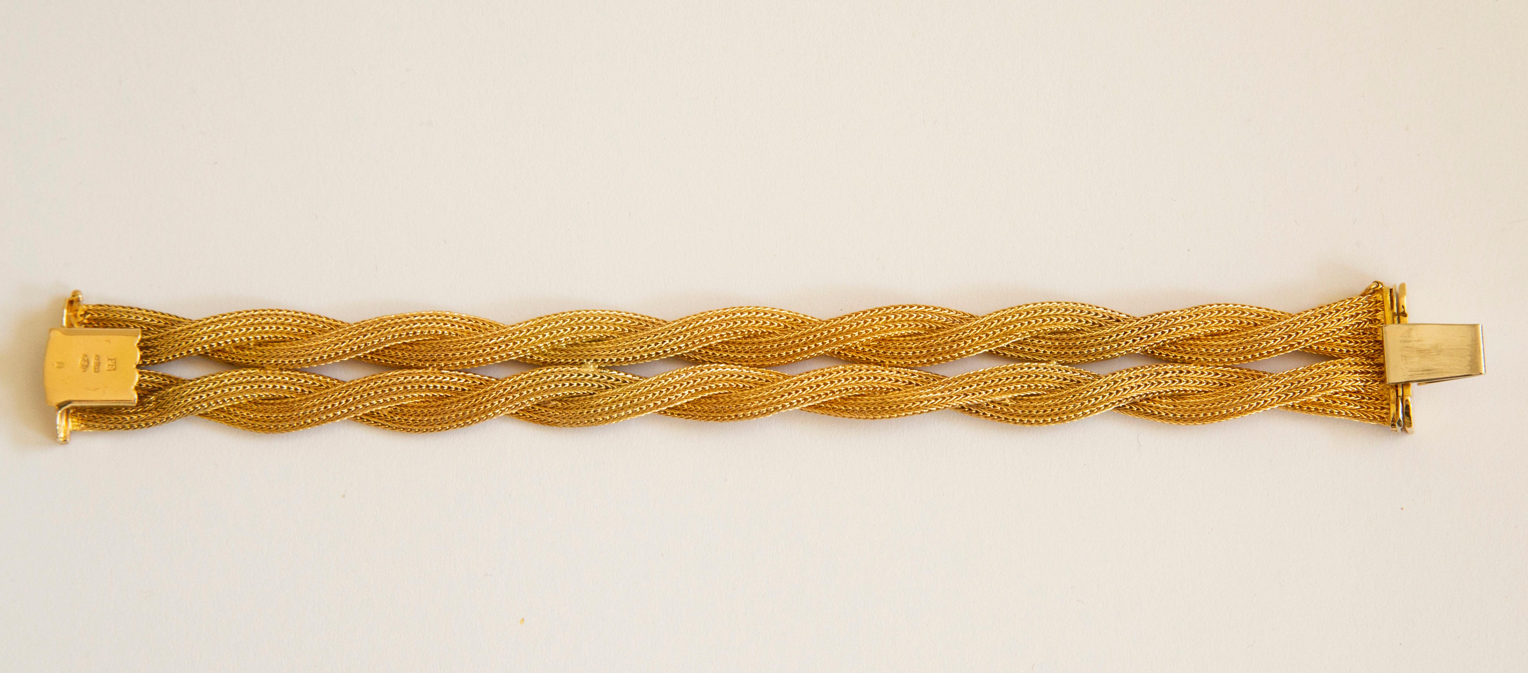 Women's or Men's 18 Karat Yellow Gold Vinted Two Row Braided Mesh Milanese Bracelet  For Sale