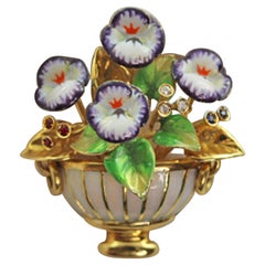 18 Karat Yellow Gold Violet Flower Enamel Ruby Sapphires Diamond Brooch 1950 ca