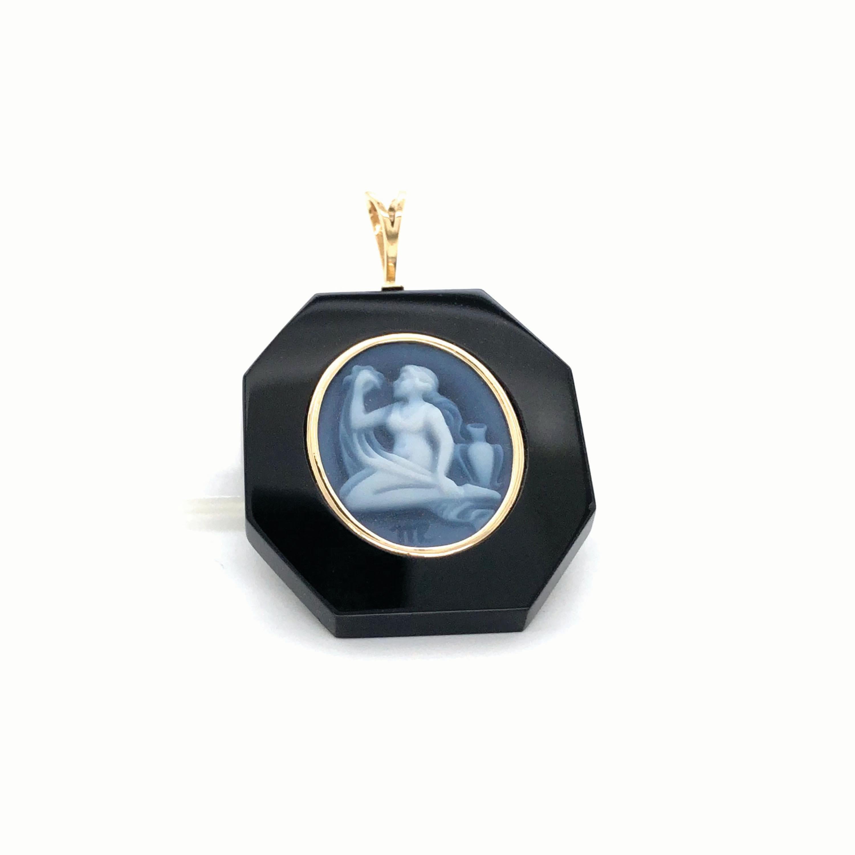 18 Karat Yellow Gold Virgo Zodiac Agate Cameo Black Onyx Pendant Necklace For Sale 5