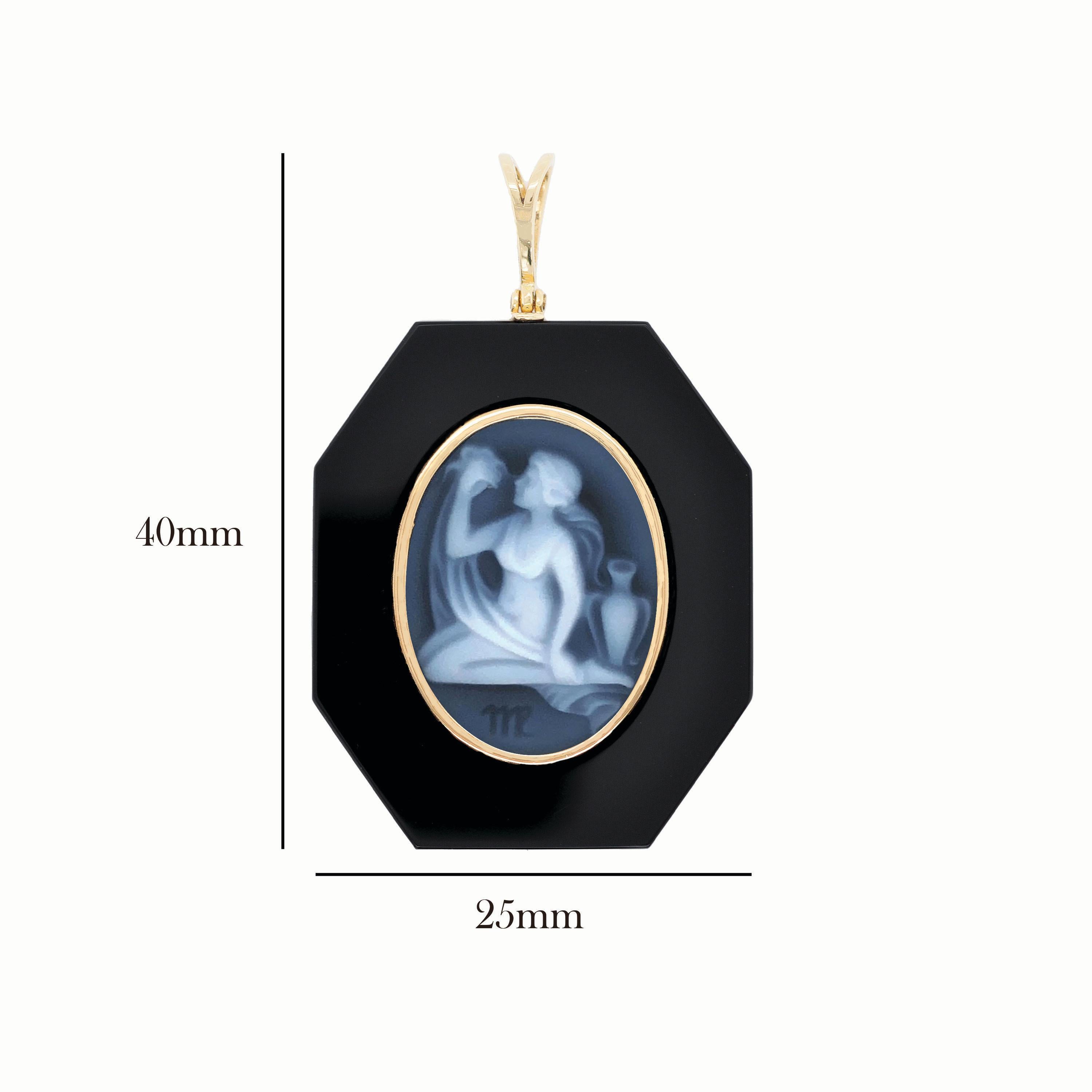 18 Karat Yellow Gold Virgo Zodiac Agate Cameo Black Onyx Pendant Necklace For Sale 2