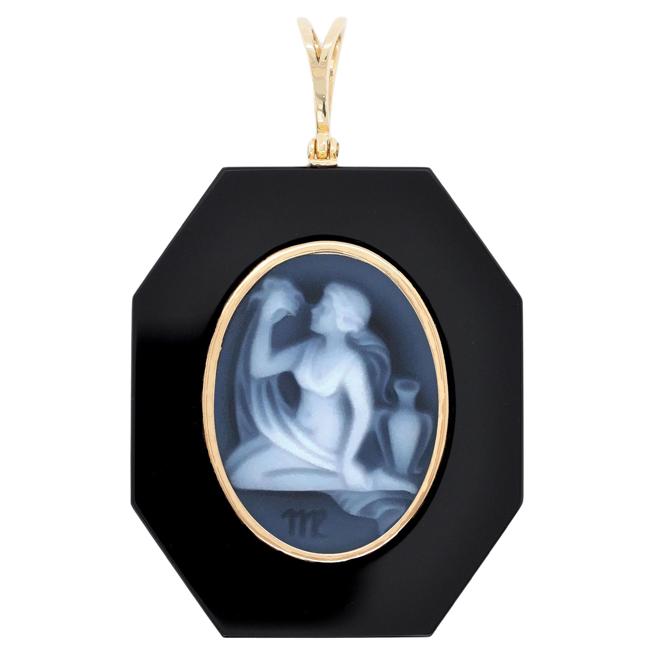 18 Karat Yellow Gold Virgo Zodiac Agate Cameo Black Onyx Pendant Necklace