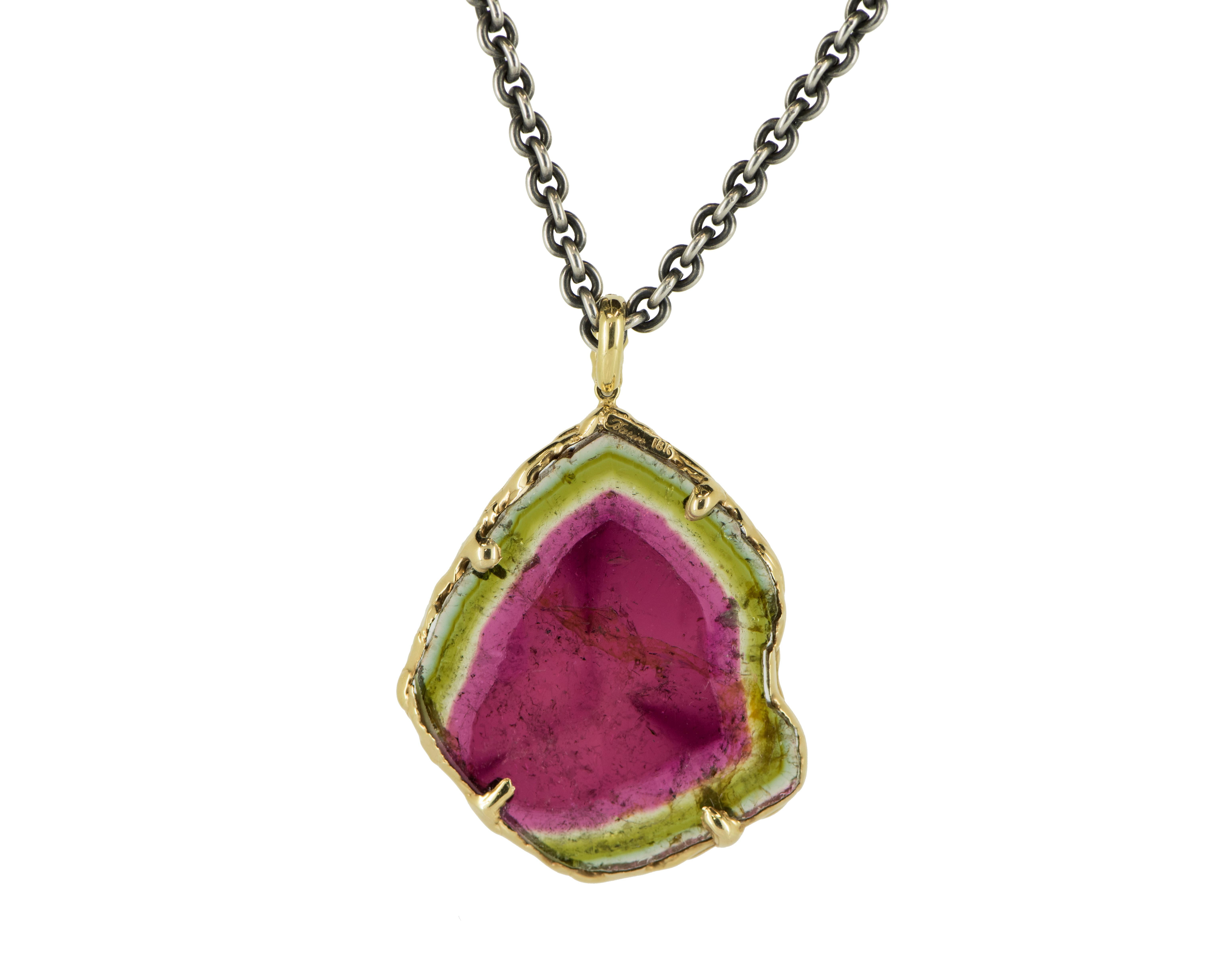 Art Nouveau 18 Karat Yellow Gold  Watermelon Tourmaline Slice Pendant Organic Silver Chain For Sale