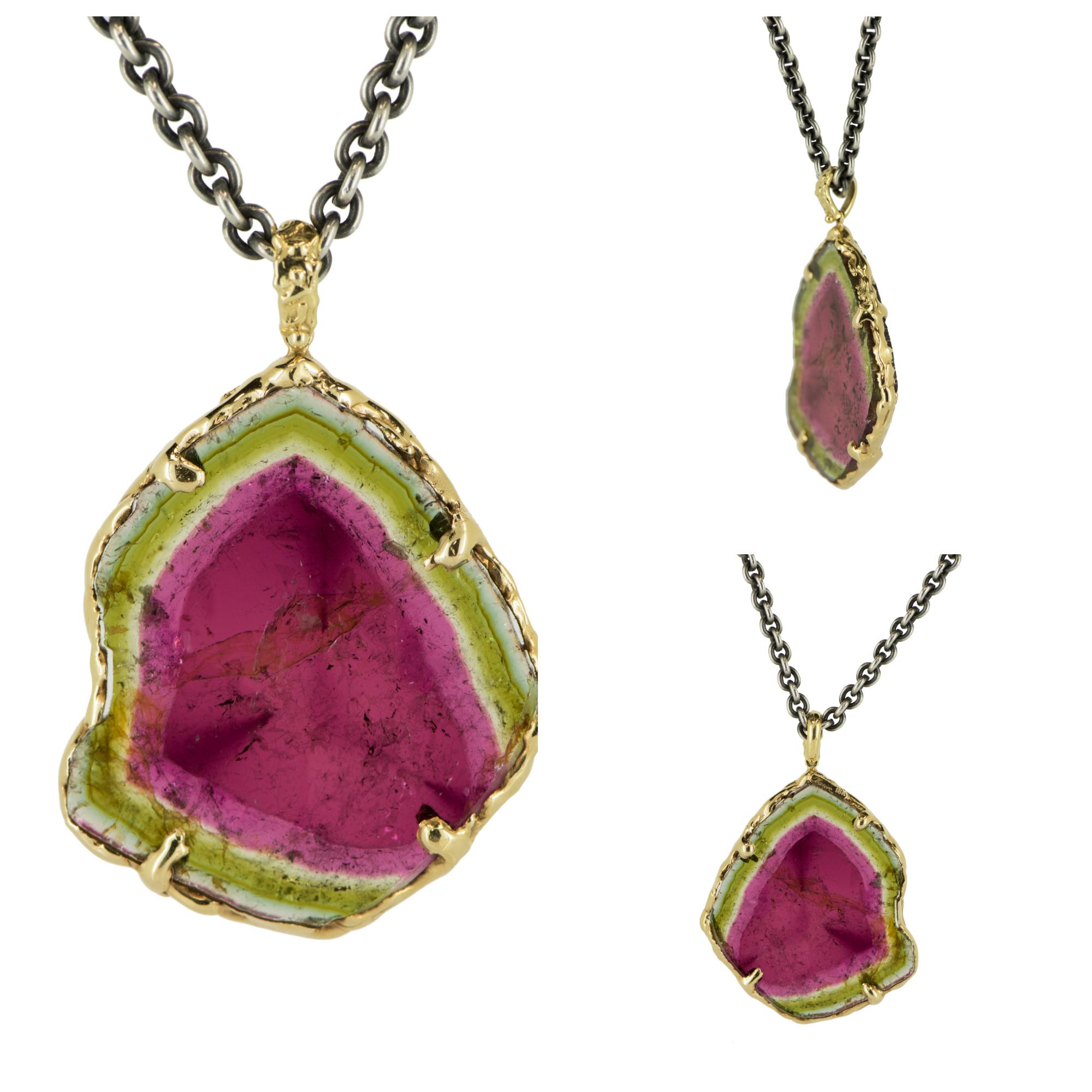 Tumbled 18 Karat Yellow Gold  Watermelon Tourmaline Slice Pendant Organic Silver Chain For Sale