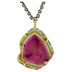 18 Karat Yellow Gold  Watermelon Tourmaline Slice Pendant Organic Silver Chain 