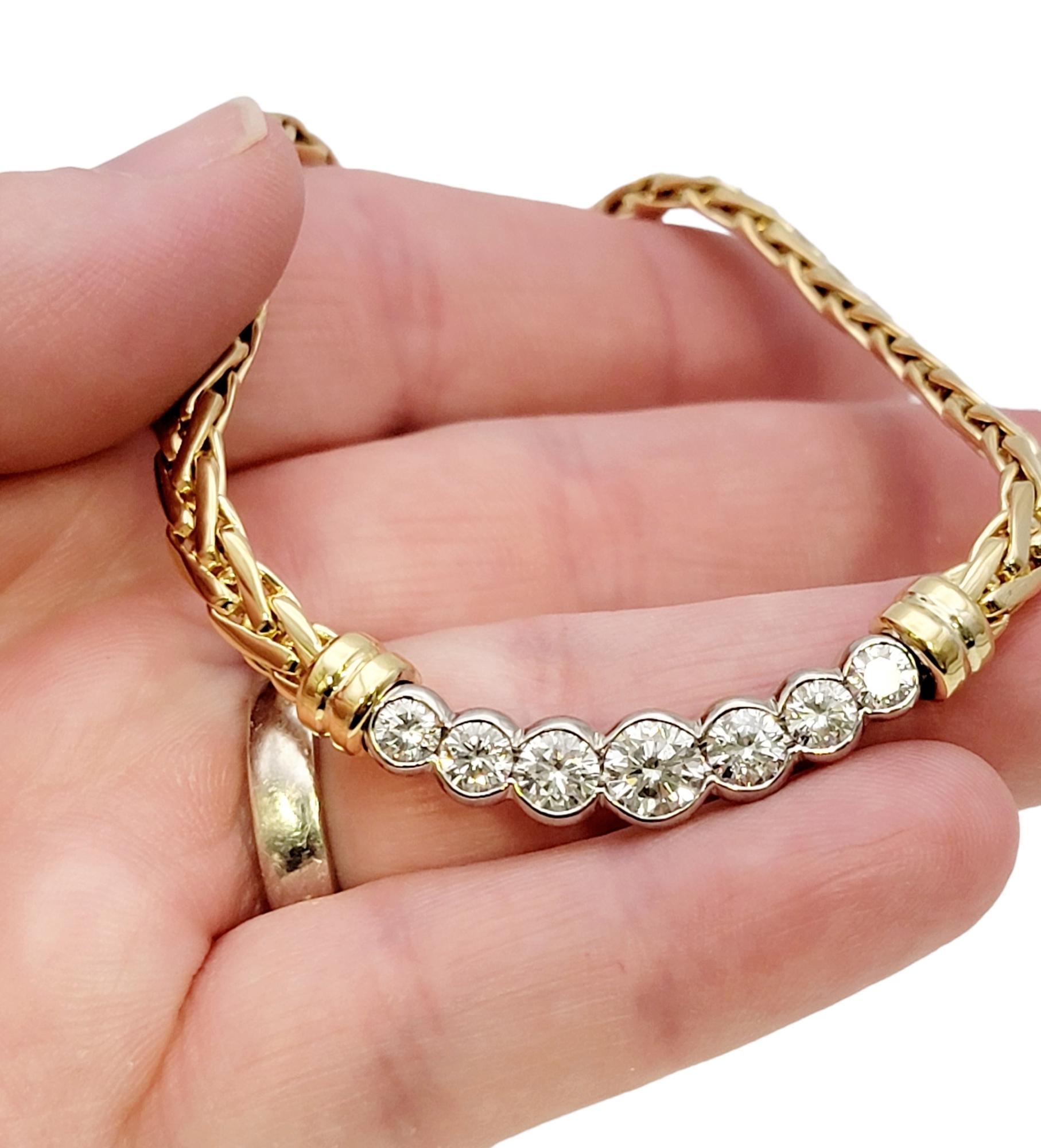 18 Karat Yellow Gold Wheat Chain and 7 Round Diamond Bar Choker Collar Necklace For Sale 6