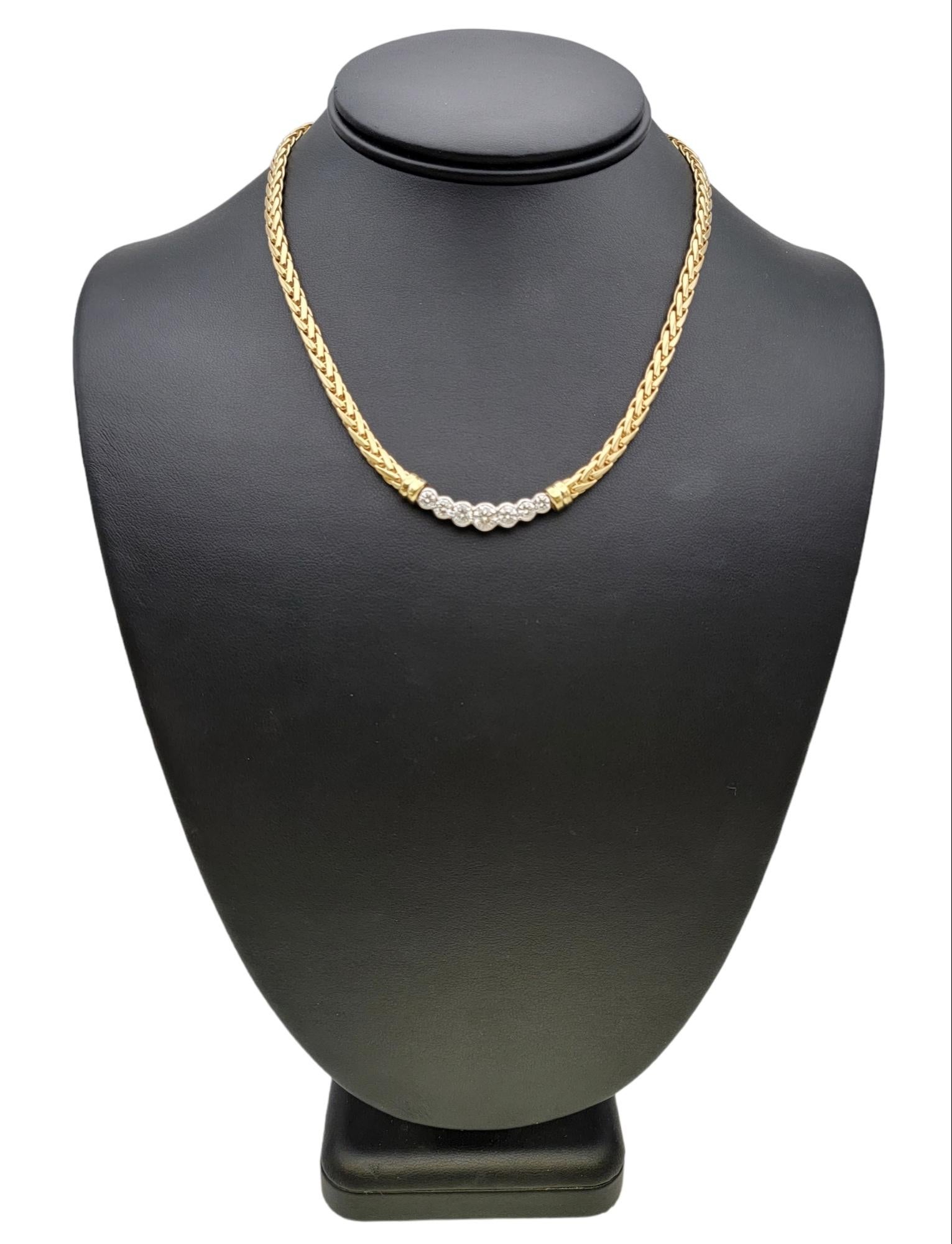 18 Karat Yellow Gold Wheat Chain and 7 Round Diamond Bar Choker Collar Necklace For Sale 7