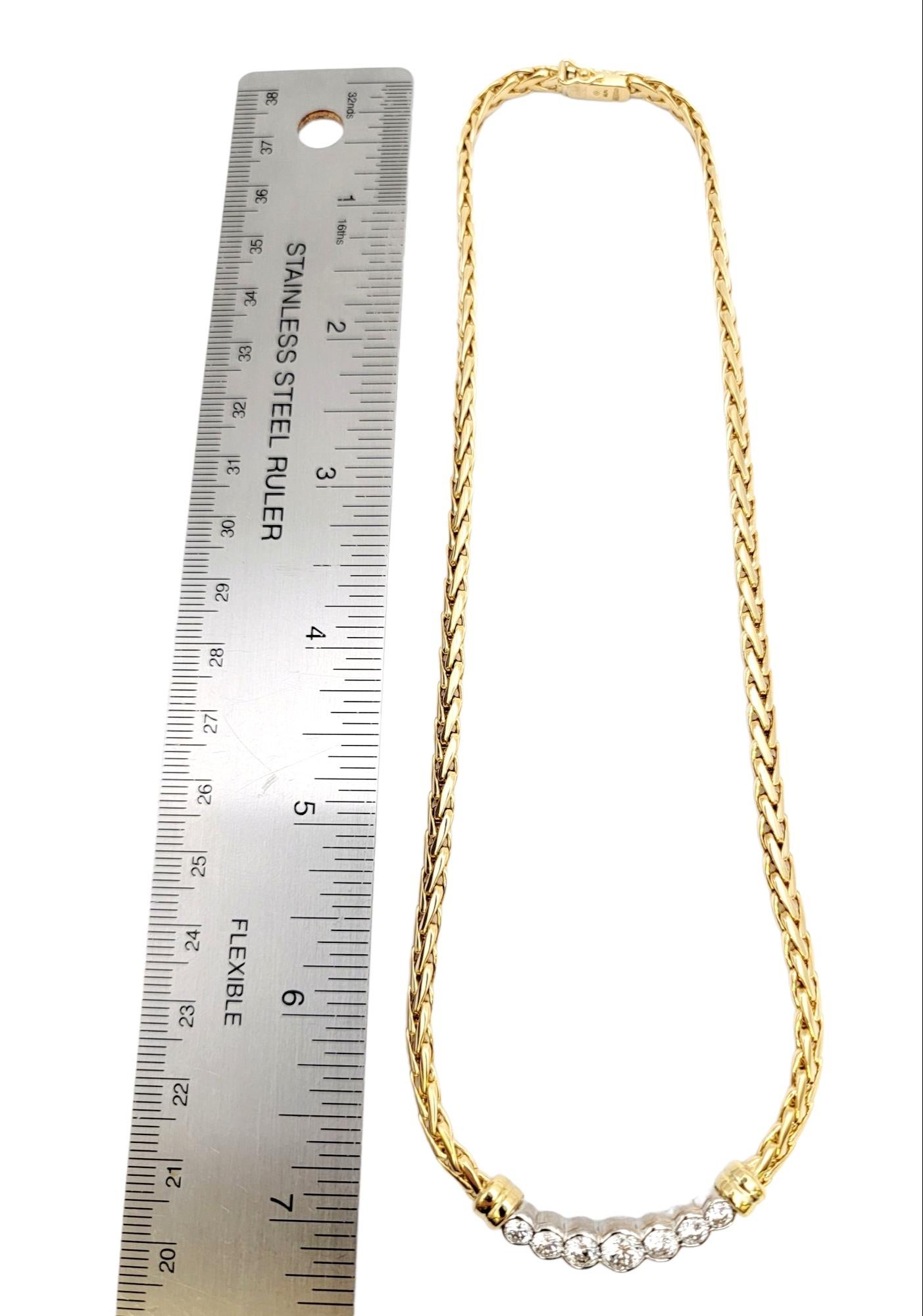 18 Karat Yellow Gold Wheat Chain and 7 Round Diamond Bar Choker Collar Necklace For Sale 8