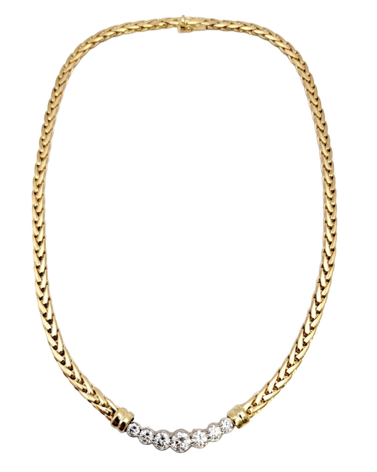 Round Cut 18 Karat Yellow Gold Wheat Chain and 7 Round Diamond Bar Choker Collar Necklace For Sale