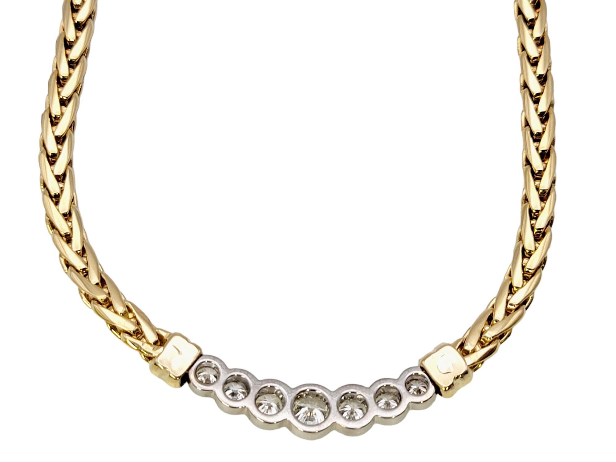18 Karat Yellow Gold Wheat Chain and 7 Round Diamond Bar Choker Collar Necklace For Sale 1