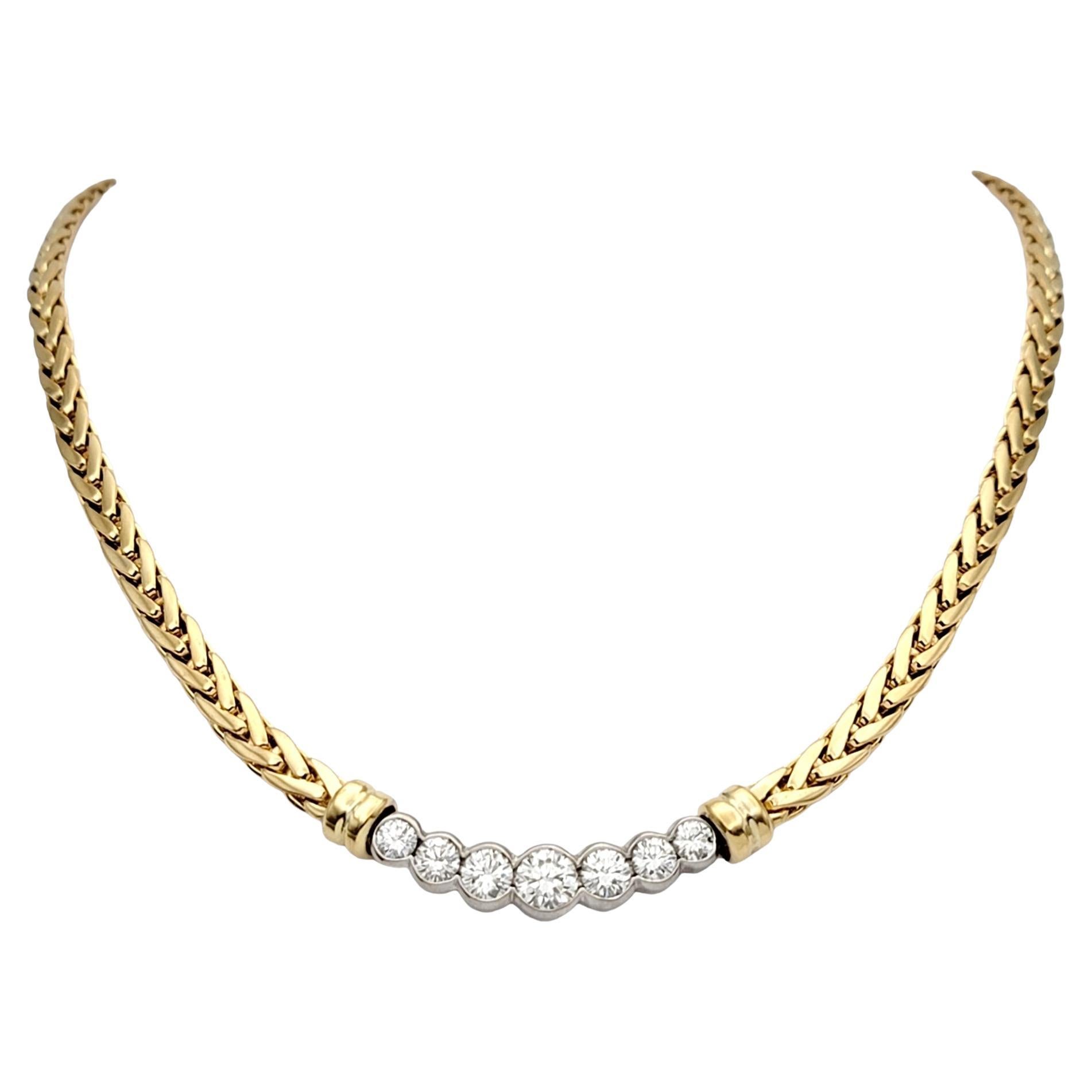 18 Karat Yellow Gold Wheat Chain and 7 Round Diamond Bar Choker Collar Necklace For Sale