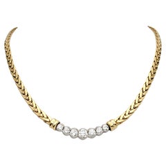 Vintage 18 Karat Yellow Gold Wheat Chain and 7 Round Diamond Bar Choker Collar Necklace