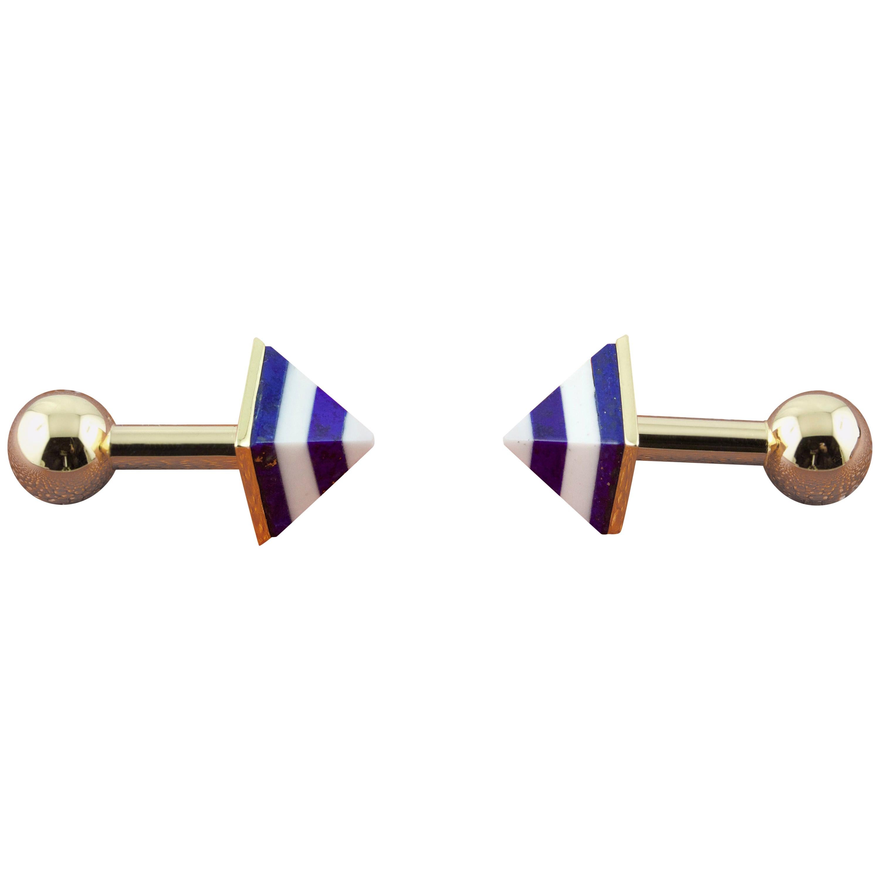 18 Karat Yellow Gold White Agate and Lapis Lazuli Pyramid Cufflinks