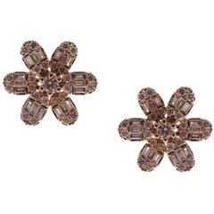 18-Karat Yellow Gold White Baguette Diamonds Flower Stud Earrings