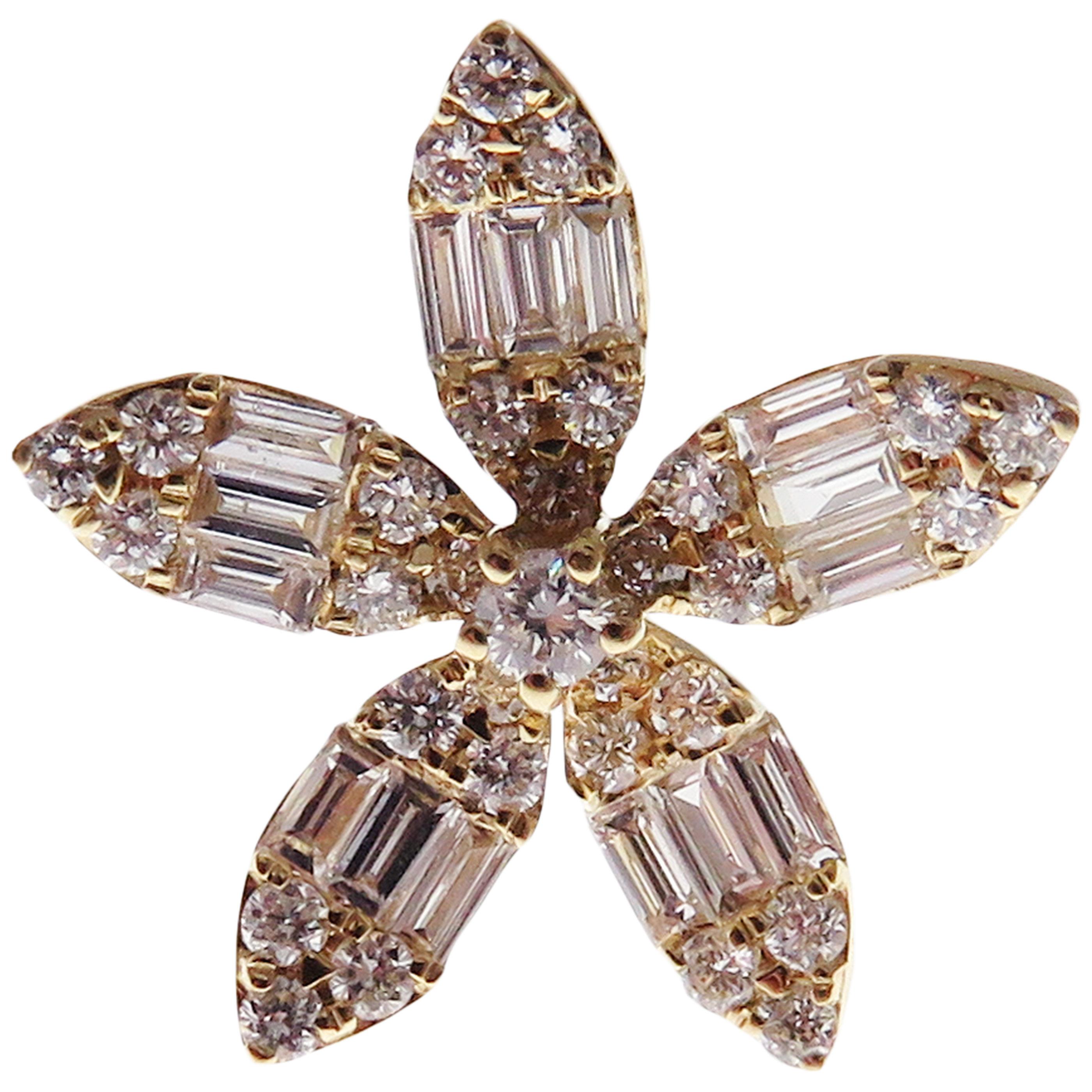 Baguette Cut 18-Karat Yellow Gold White Baguette Diamonds Flower Stud Earrings For Sale