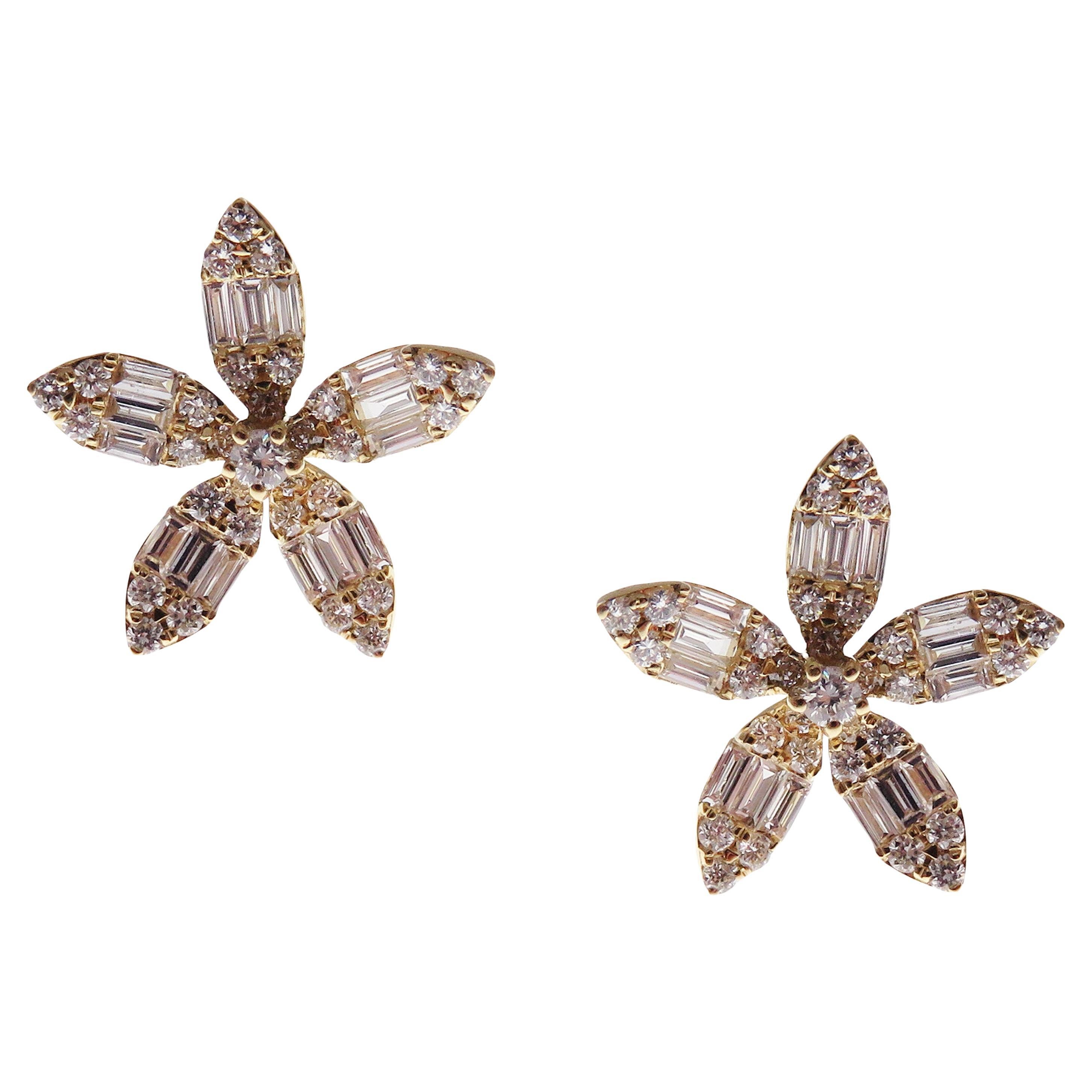 18-Karat Yellow Gold White Baguette Diamonds Flower Stud Earrings For Sale