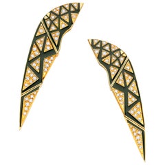 18 Karat Yellow Gold, White Diamond and Green Enamel Sphinx Earrings