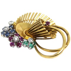 18 Karat Yellow Gold, White Diamond, Blue Sapphire and Ruby Spray Brooch