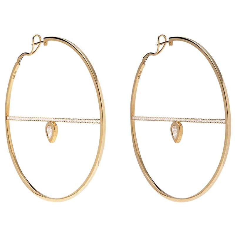 18 Karat Yellow Gold White Diamond Calvet Pear Illusion Spoke Hoop Earrings