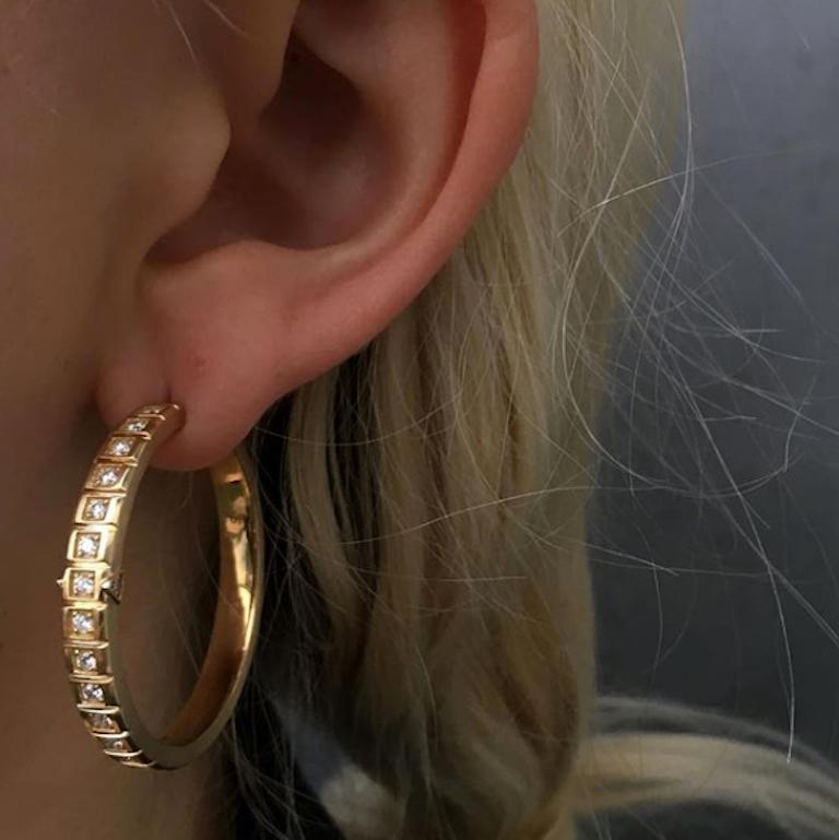Contemporary 18 Karat Yellow Gold White Diamond Large Carousel Hoops For Sale