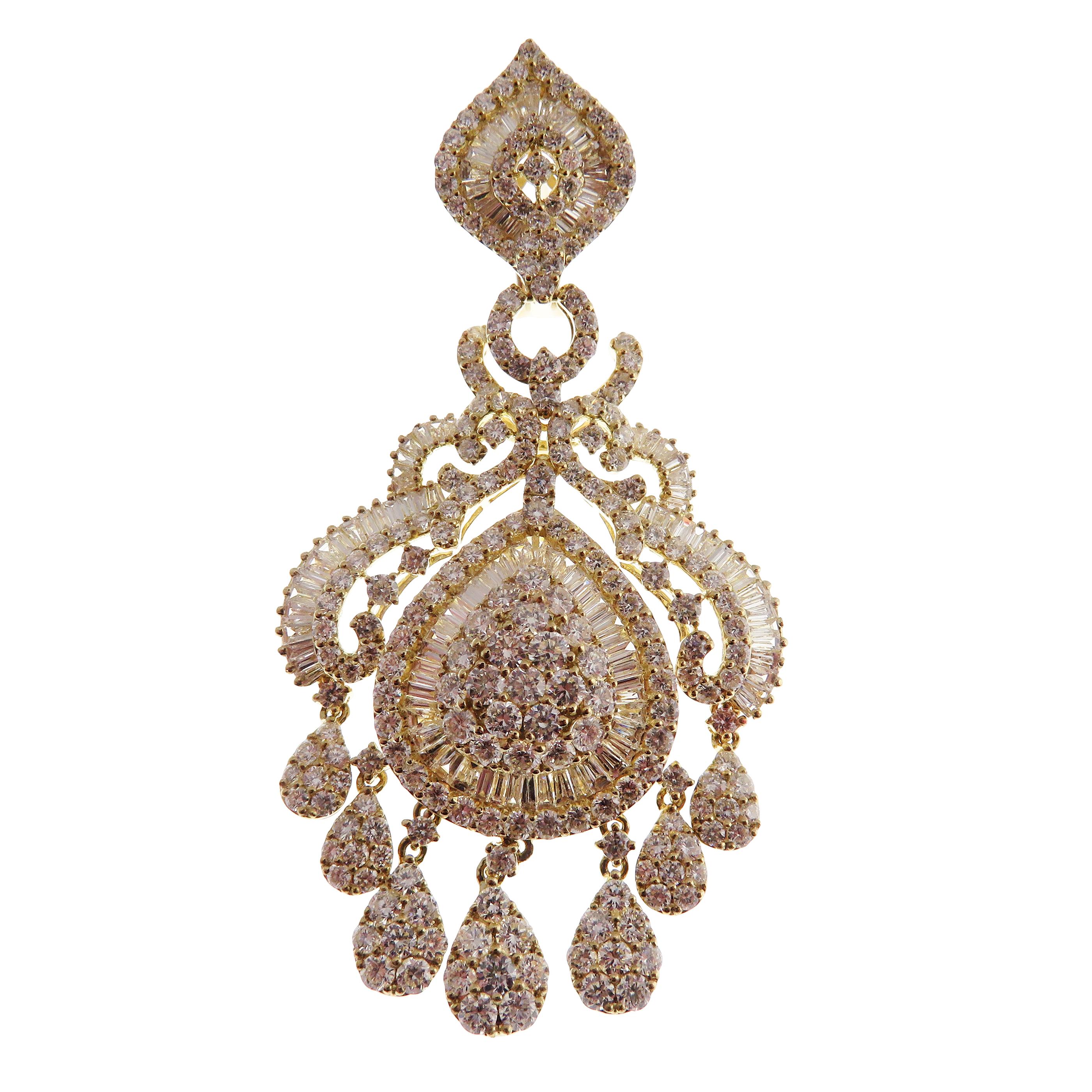 These ballroom pear chandelier earrings are crafted in 18-karat yellow gold, weighing approximately 15.22 total carats of SI-V Quality white diamond. French clip backing. 

Our Ballroom Chandelier Collection feature earrings for those with