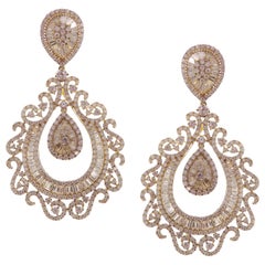 18 Karat Yellow Gold White Diamond Pear Swirl Chandelier Dangling Earring