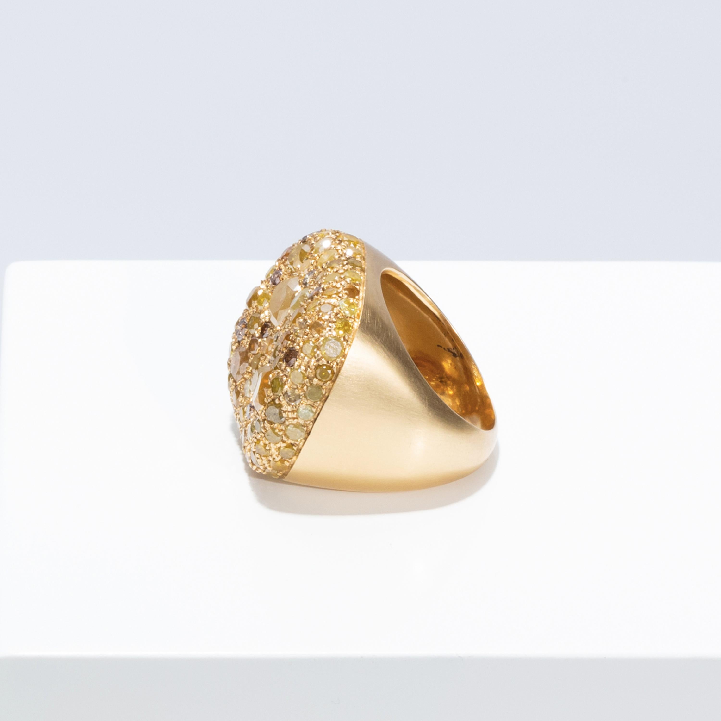 Contemporary Nada Ghazal's Unique 18k Yellow Gold White Diamonds Malak Icy Special Round Ring For Sale